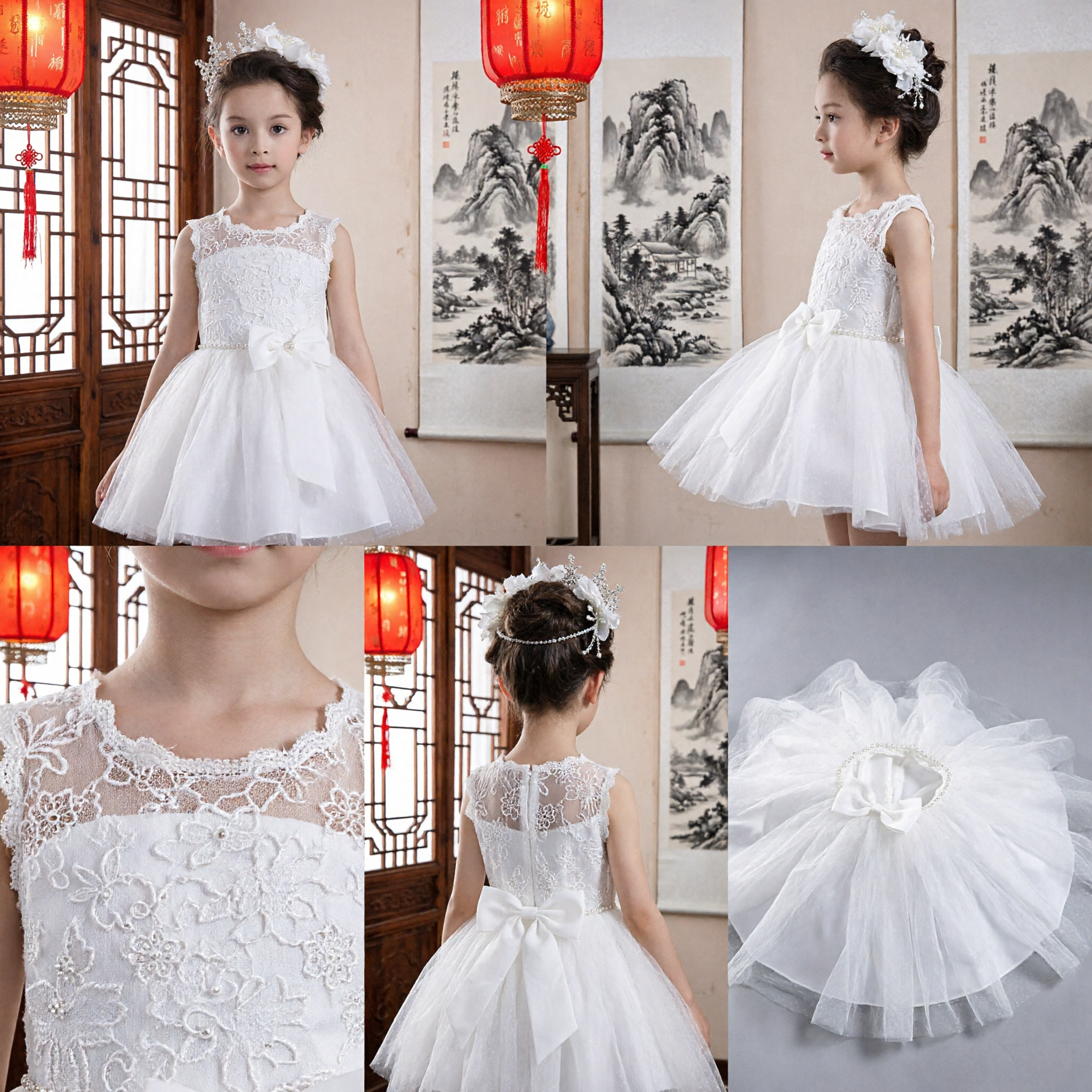 White Lace Flower Girl Dress Sleeveless Princess Gown with Bow for Kids Wedding First Communion Pageant - Asian Costume