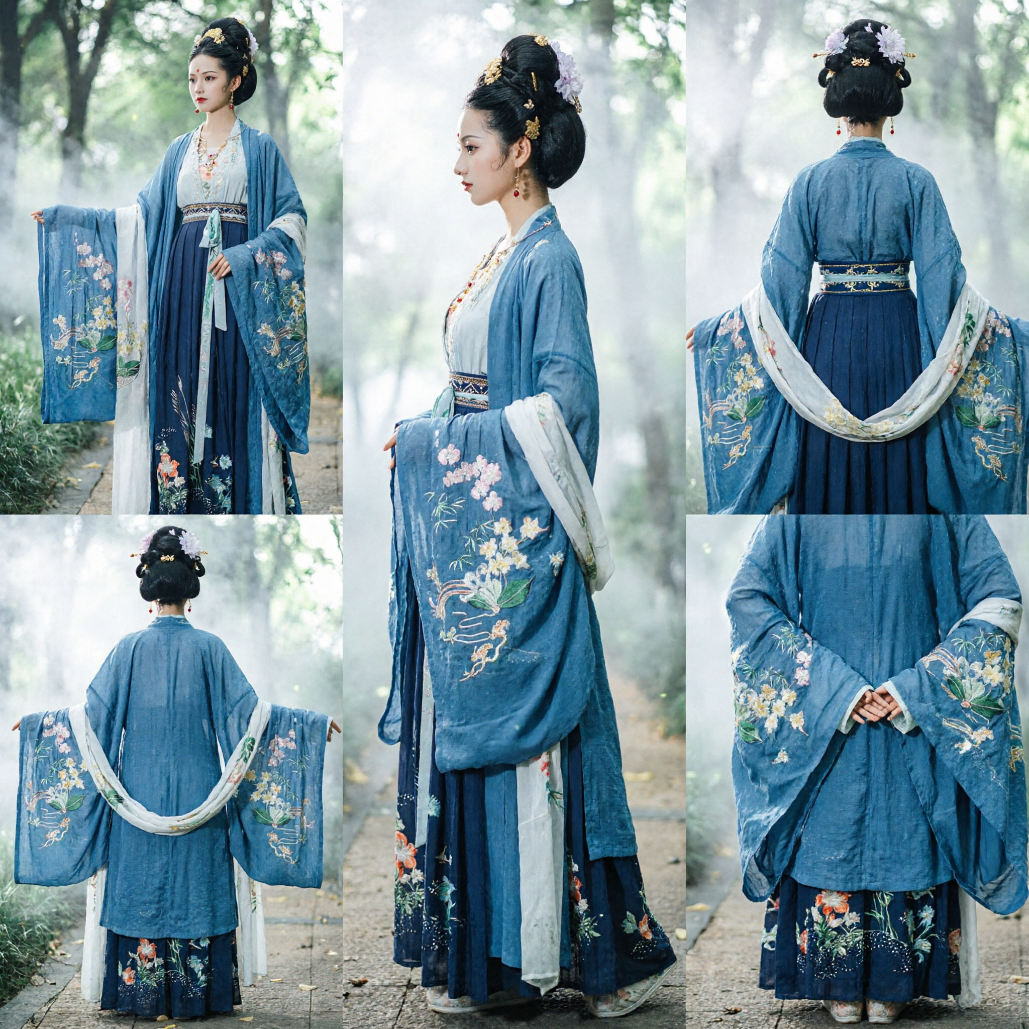 Elegant Blue Hanfu Traditional Chinese Costume Embroidered Floral Dress Ancient Tang Dynasty Clothing for Women - Asian Costume