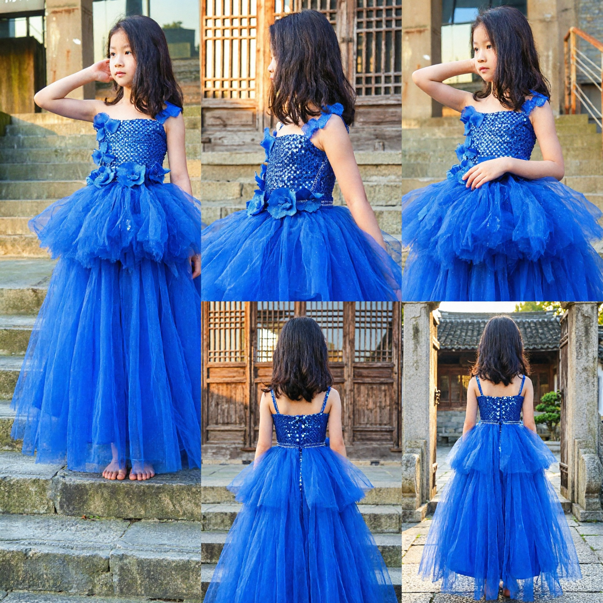 Royal Blue High-Low Tulle Dress for Girls Kids Flower Girl Pageant Party Formal Evening Gown - Asian Costume