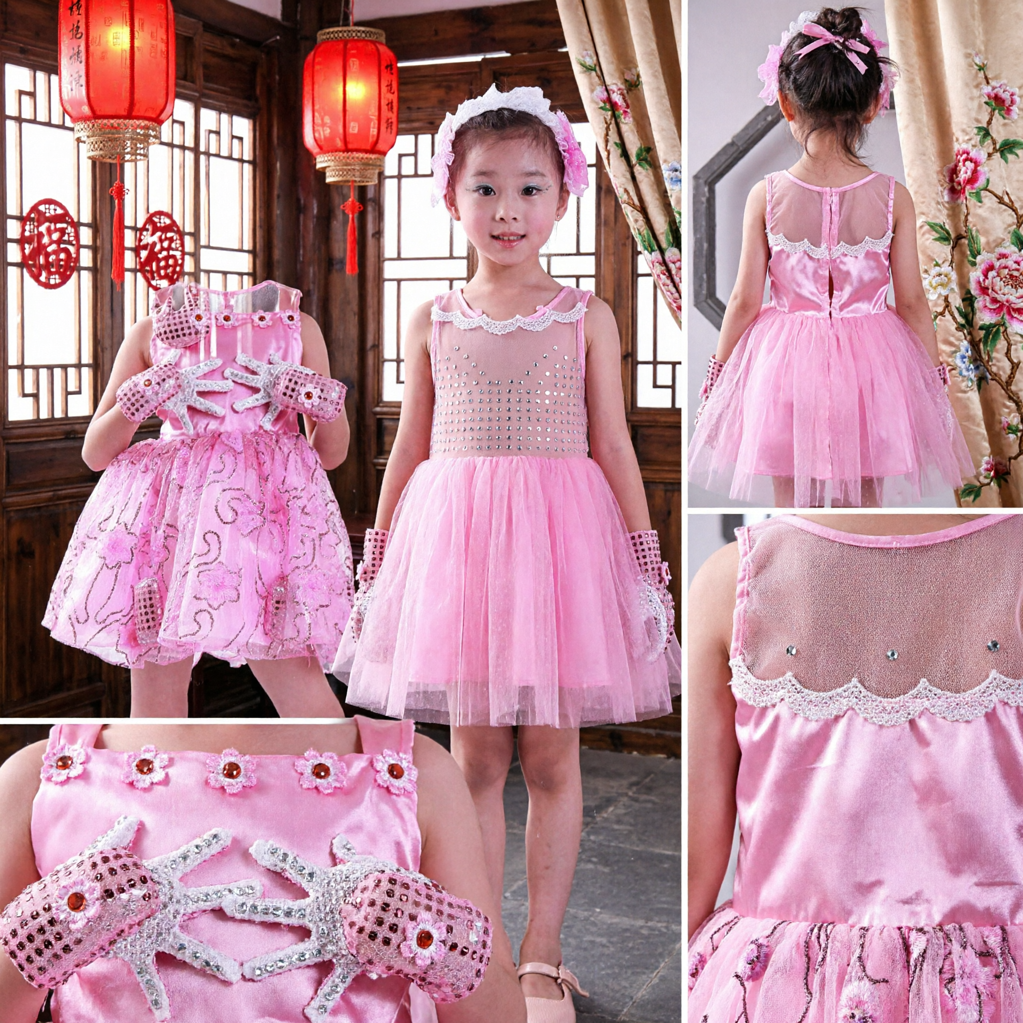 Girls Pink Sequin Stage Performance Dance Costume Dress with Matching Gloves and Headpiece for Kids - Asian Costume