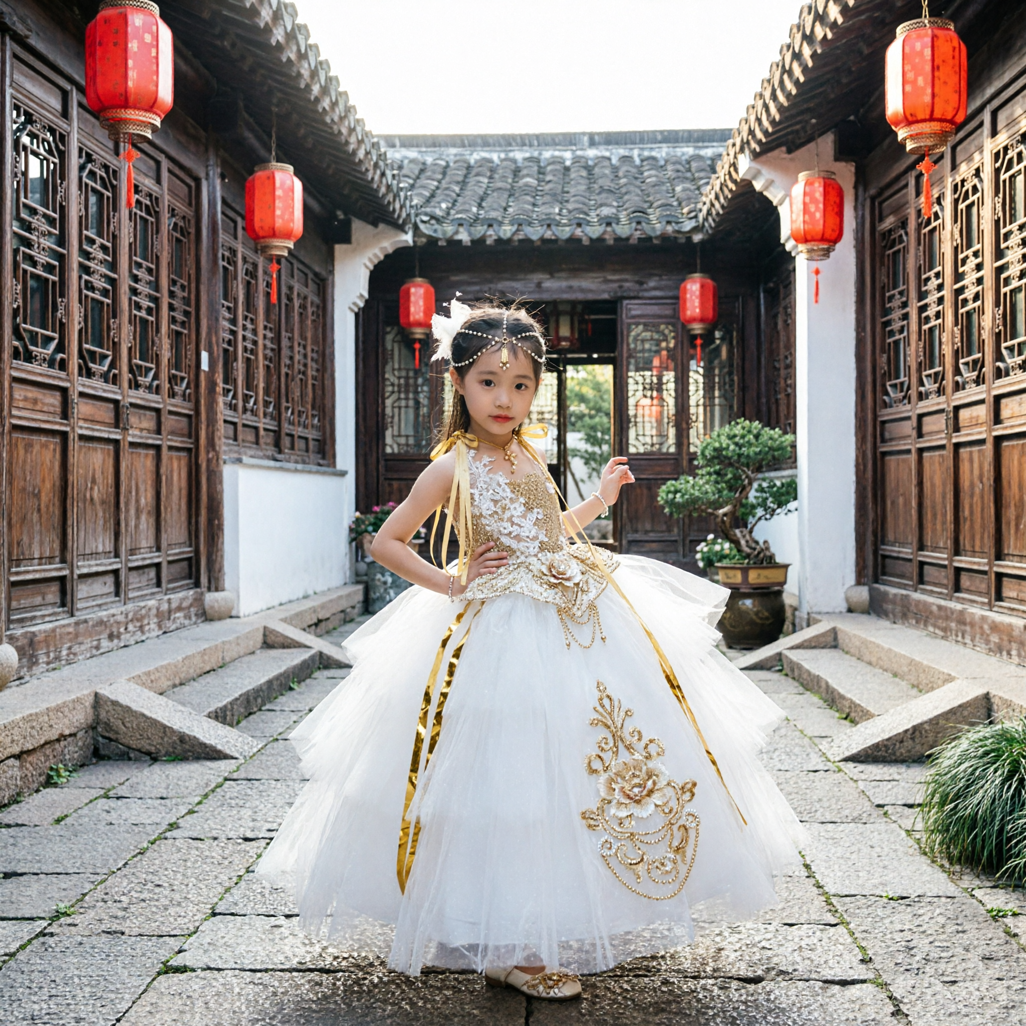 Girls Gold Sequin Bodice White Tulle Ballgown Princess Dress for Wedding Flower Girl Performance - Asian Costume