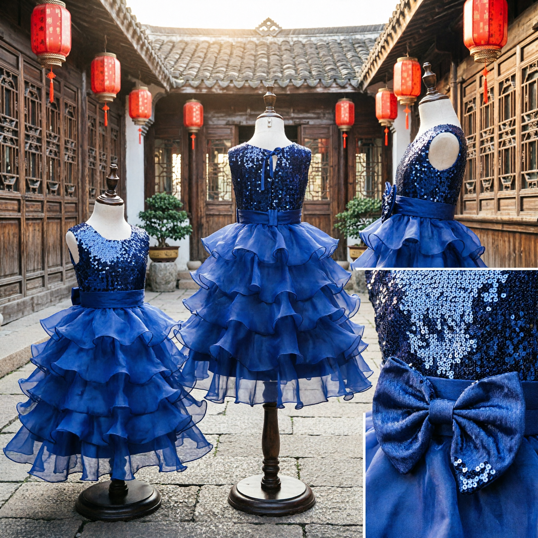 Royal Blue Sequin Bodice Flower Girl Dress with Tiered Ruffle Tulle Skirt for Wedding Party Pageant - Asian Costume
