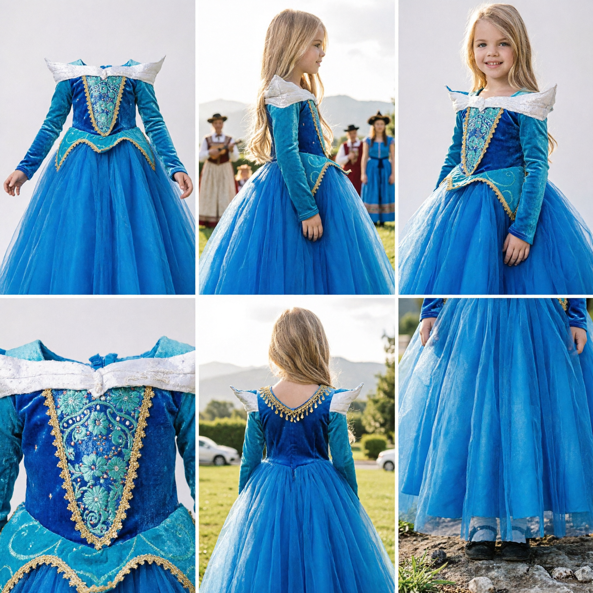 Girls Blue Princess Ballgown Costume Dress with Sequin Bodice for Halloween Party and Cosplay - Asian Costume