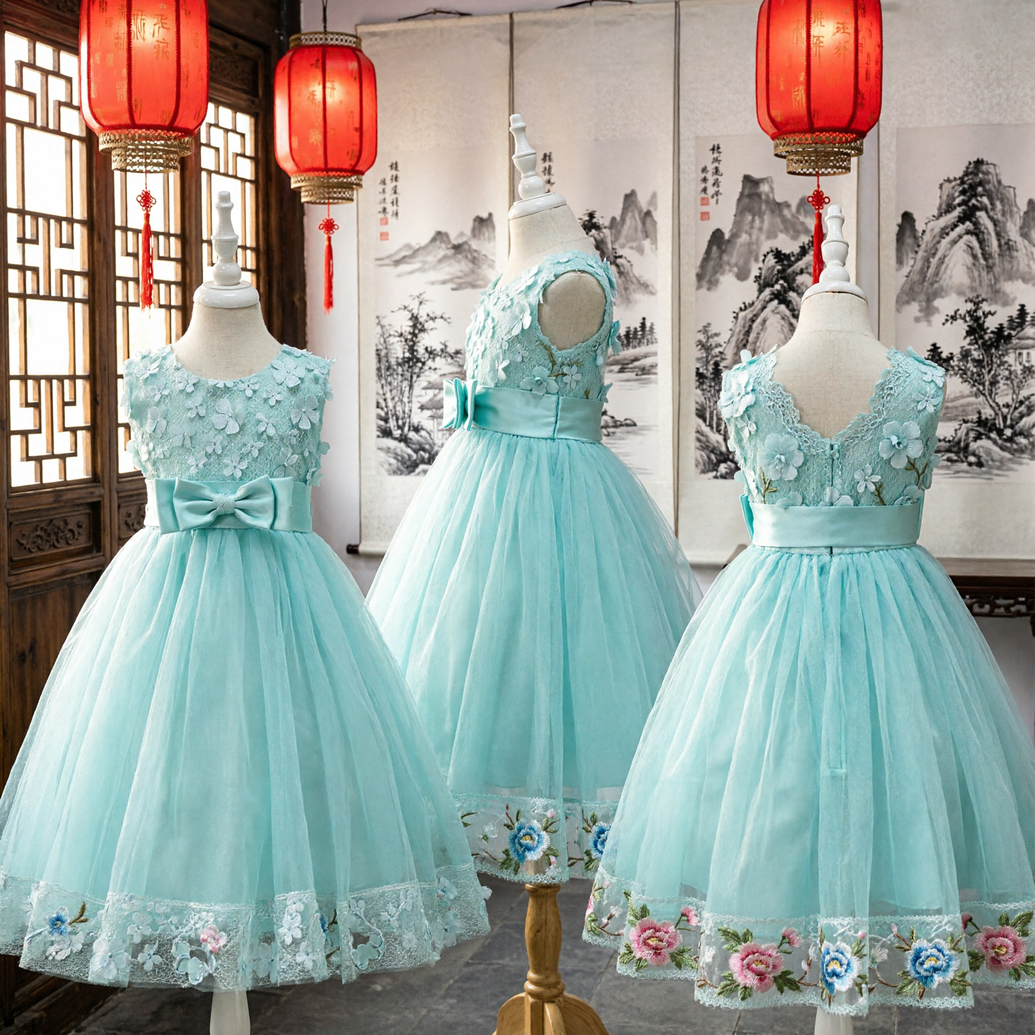 Elegant Girls Aqua Blue Flower Girl Dress Sleeveless Floral Bodice Bow Waist Tulle Skirt for Wedding - Asian Costume