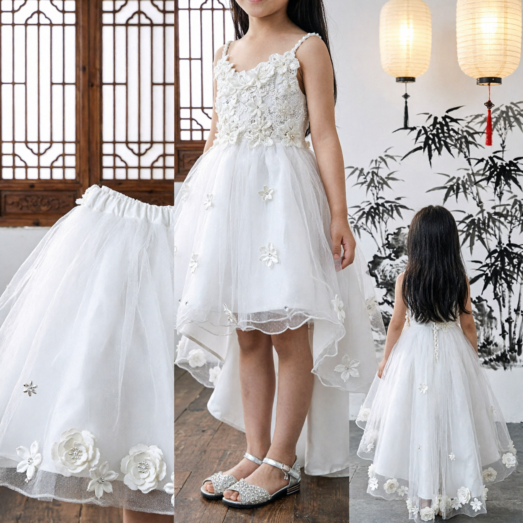 Elegant White Tulle Flower Girl Dress with 3D Flowers for Wedding First Communion Birthday Party - Asian Costume