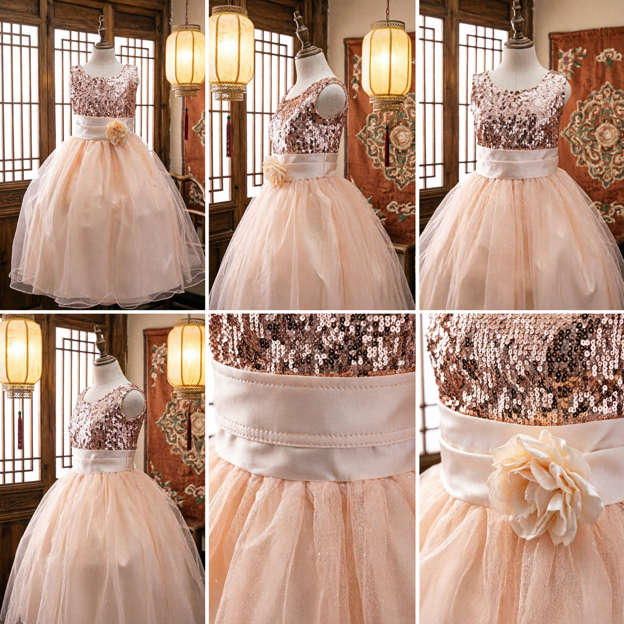 Elegant Champagne Sequin Flower Girl Dress Kids Tulle Ballgown for Wedding Party Pageant - Asian Costume