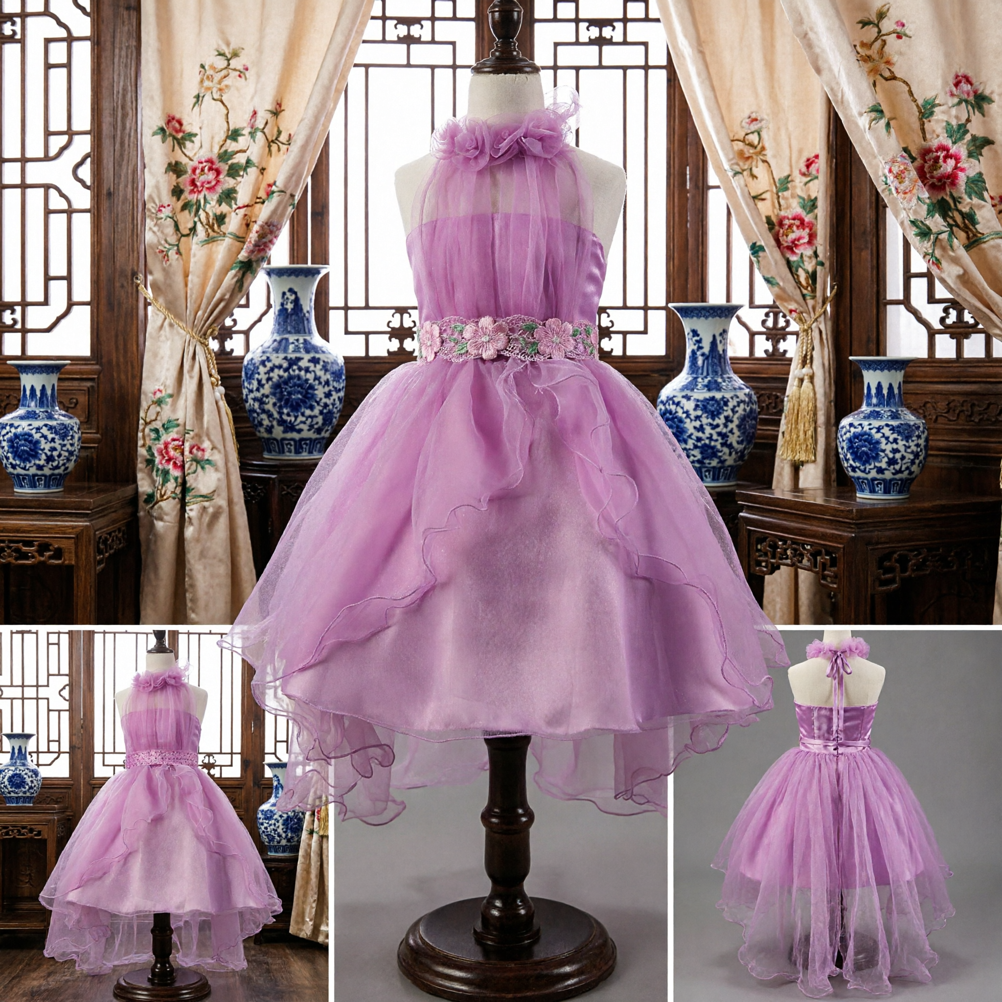 Girls Purple Halter Neck Flower Girl Dress Ruffled Tulle Skirt Formal Wedding Pageant Party Gown - Asian Costume
