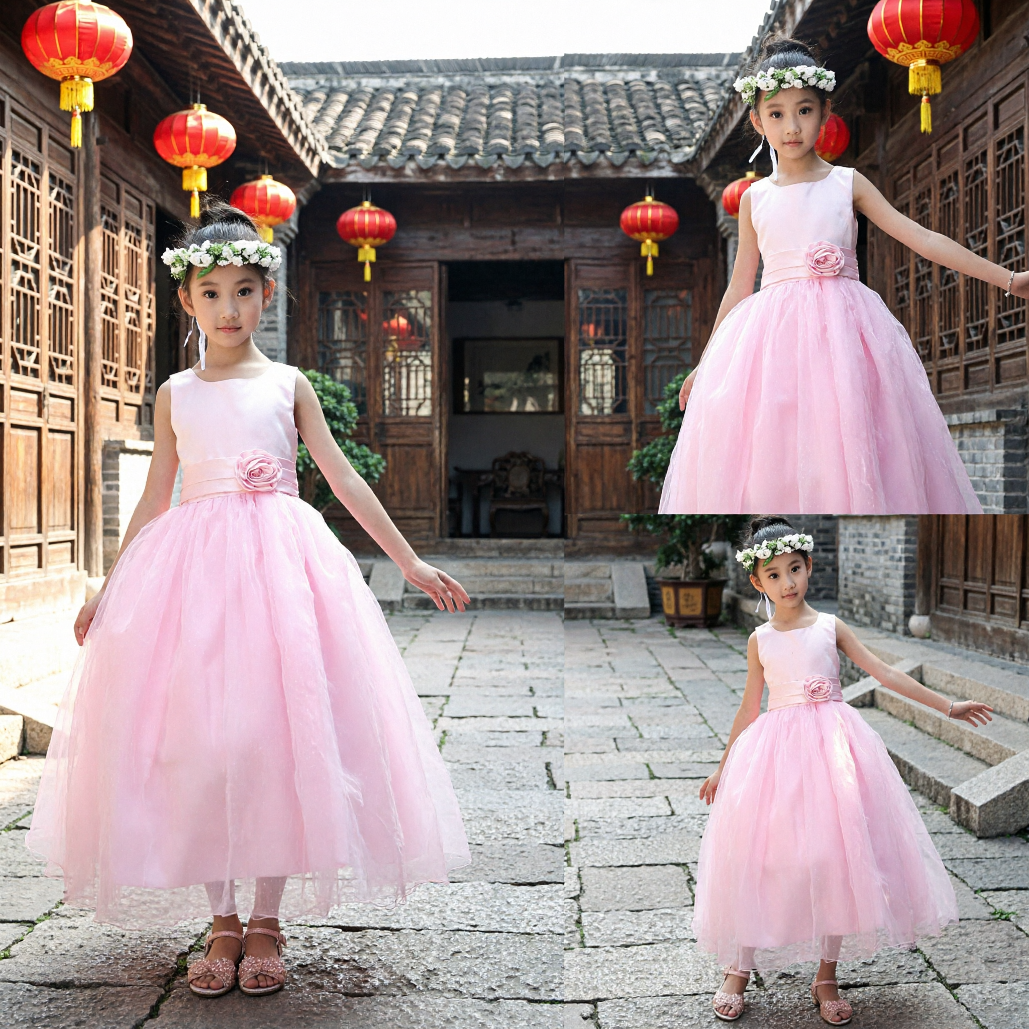 Elegant Pink Sleeveless Tulle Princess Dress for Girls Flower Girl Wedding Party Formal Gown - Asian Costume
