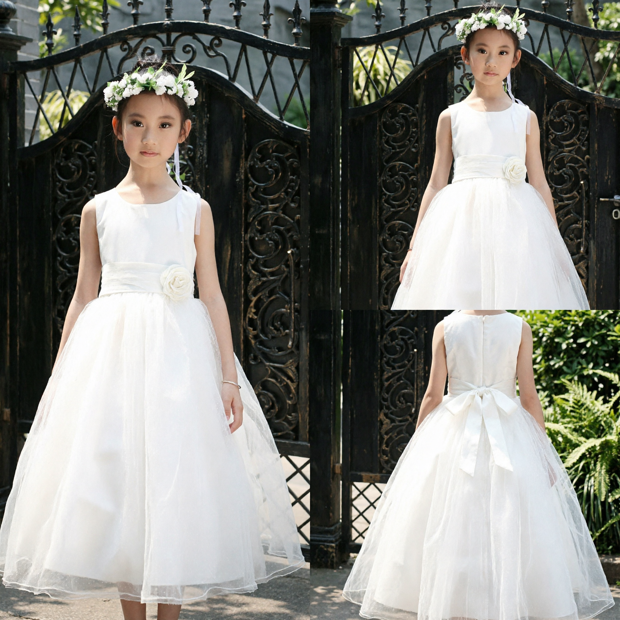 Elegant White Sleeveless Tulle Ballgown Flower Girl Dress for Weddings First Communion and Special Occasions - Asian Costume