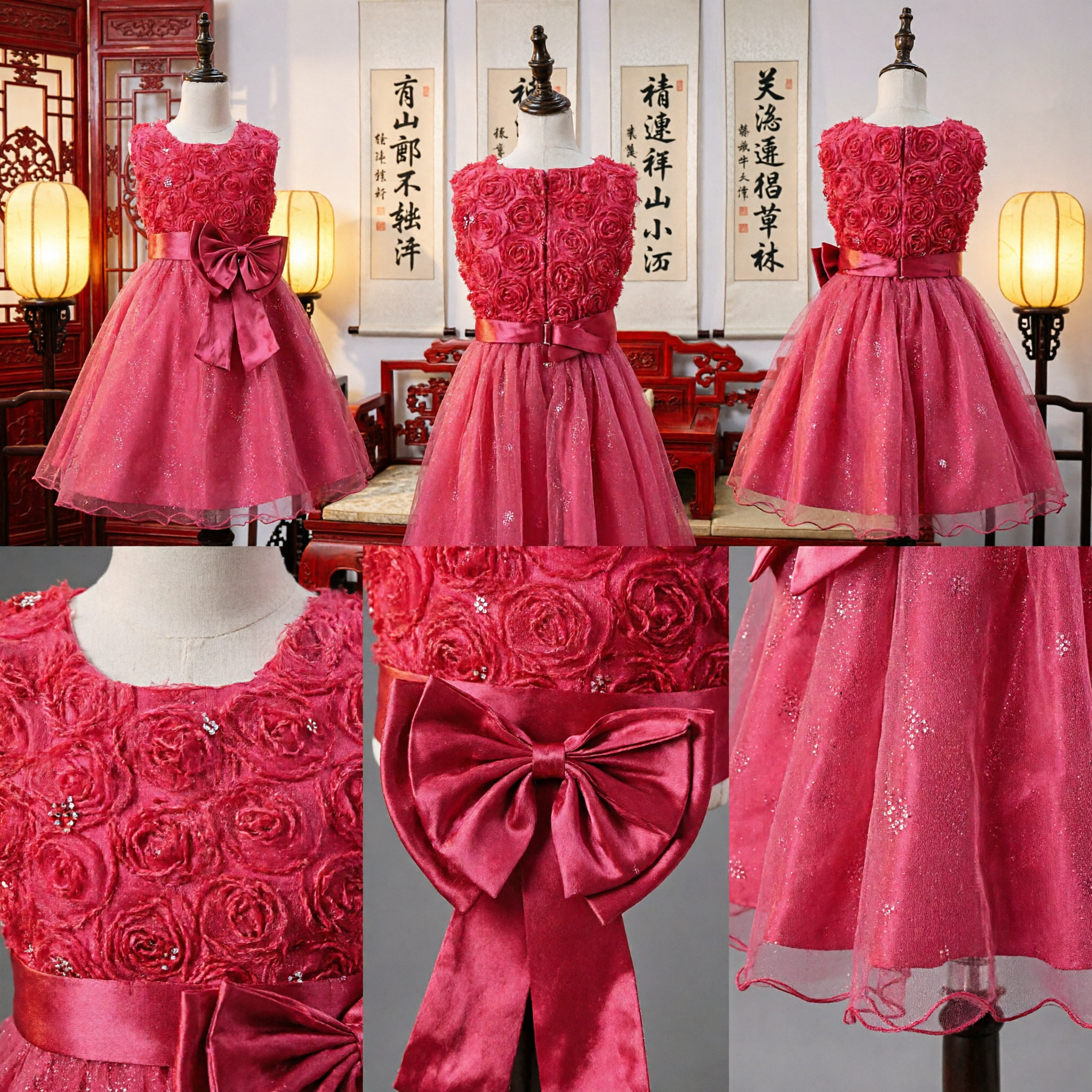 Vestido de Niña de las Flores Rosa Fuerte Sin Mangas con Corpiño de Rosetas 3D y Falda de Tul Brillante con Lazo Grande - Asian Costume