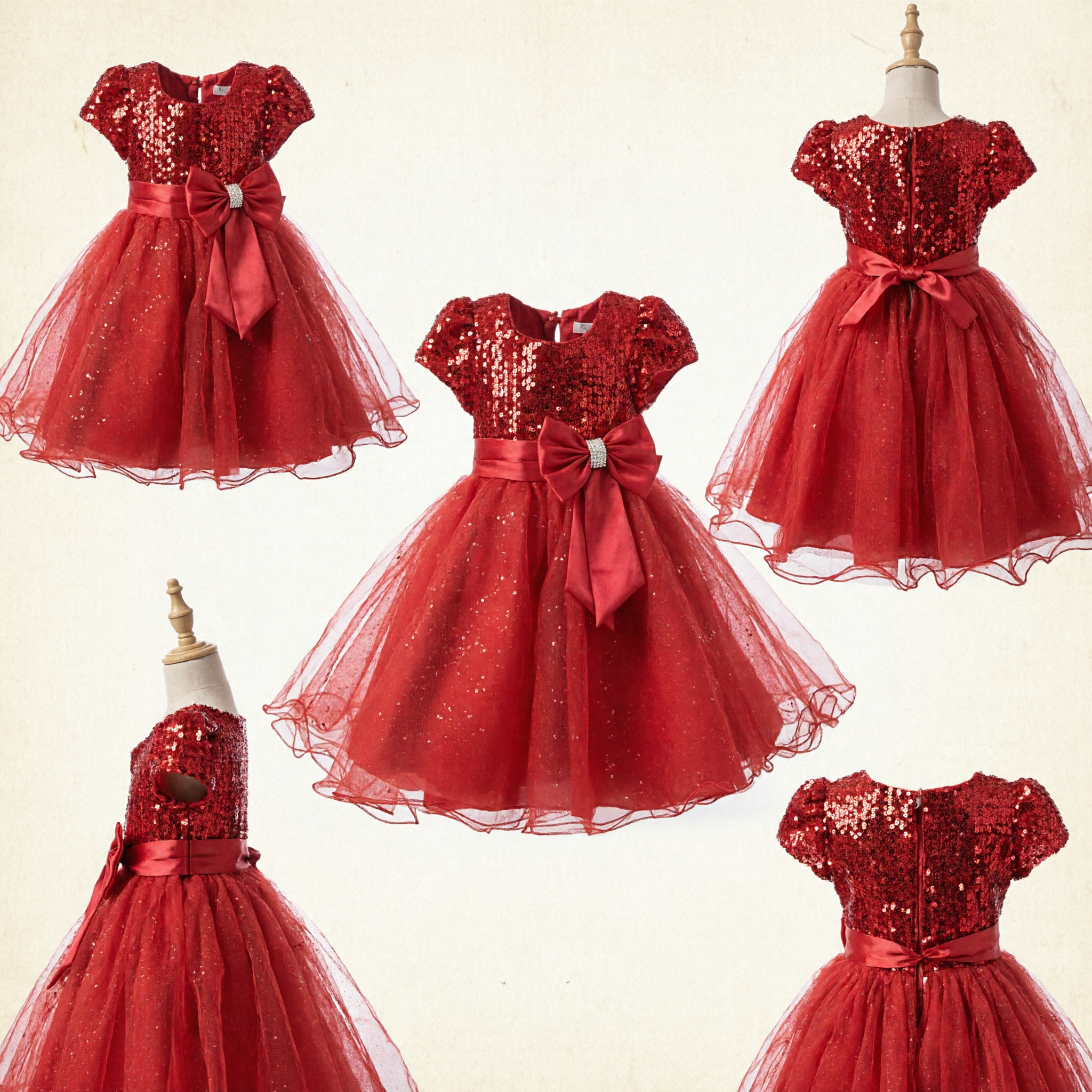 Toddler Girls Red Sequin Princess Dress Short Sleeve Bowknot Wedding Flower Girl Party Gown - Asian Costume