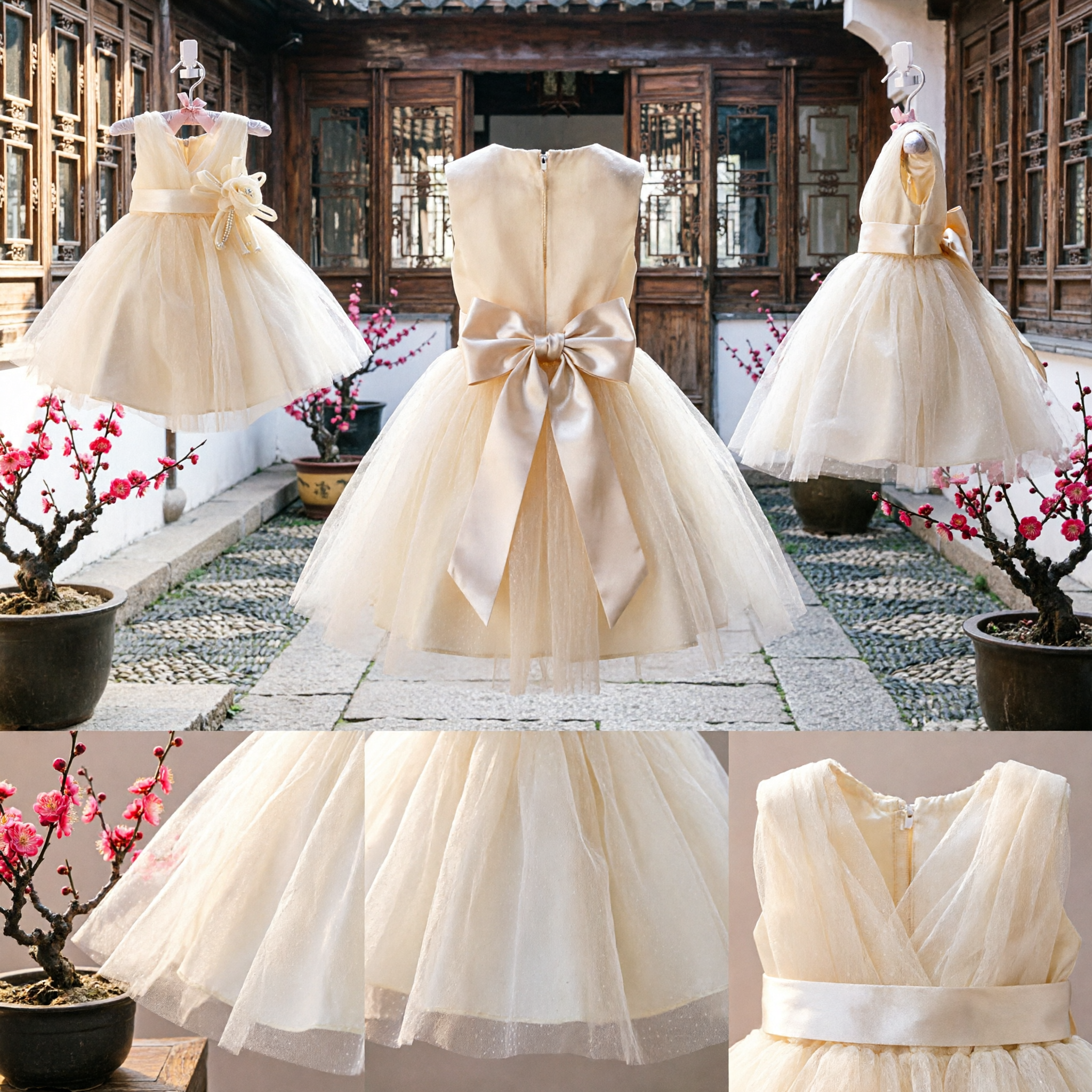 Elegant Yellow Tulle Flower Girl Dress V-Neck Princess Gown for Toddler Wedding Party Formal Occasions - Asian Costume