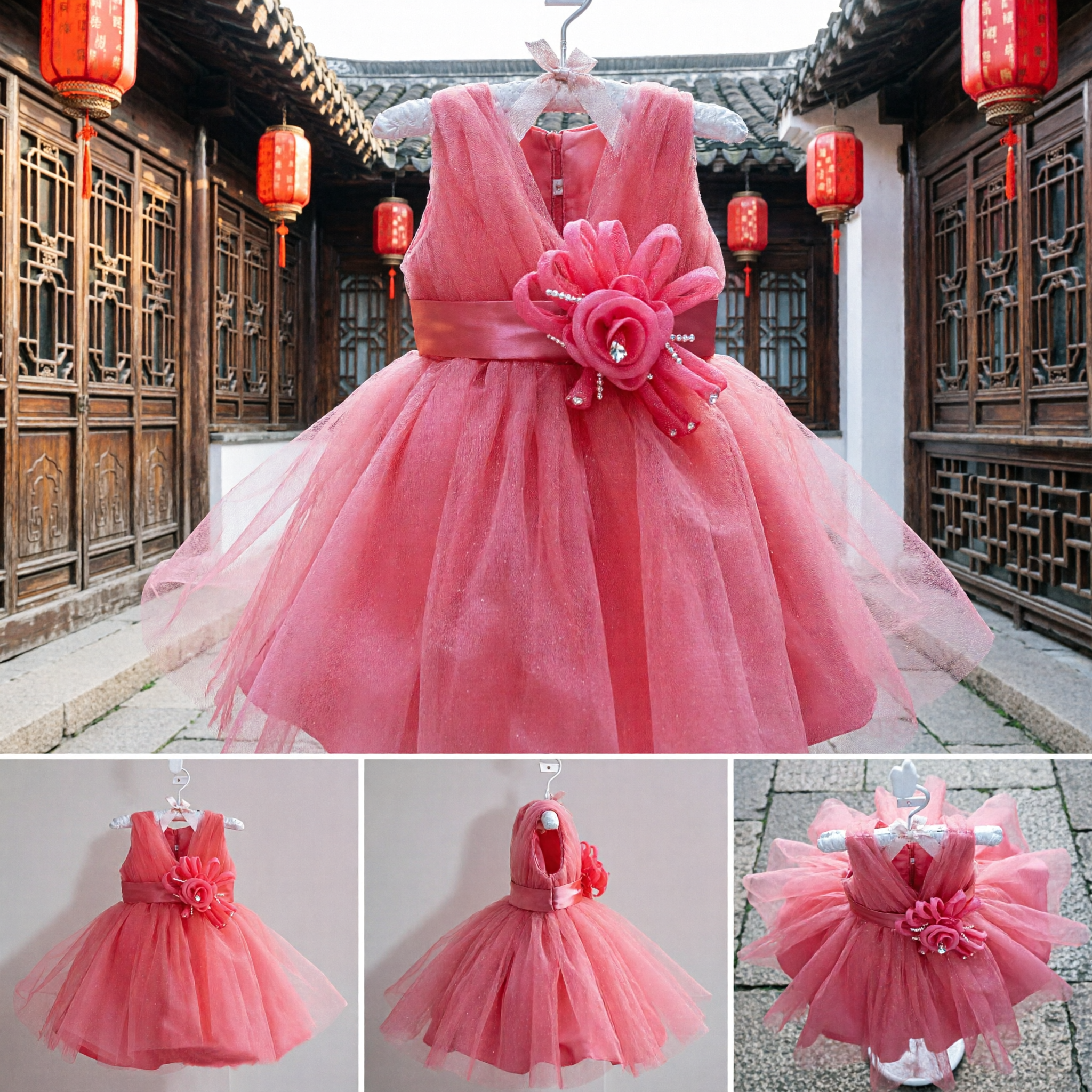 Sleeveless Pink Tulle Princess Dress for Baby Girls Floral Wedding Flower Girl Party Gown - Asian Costume