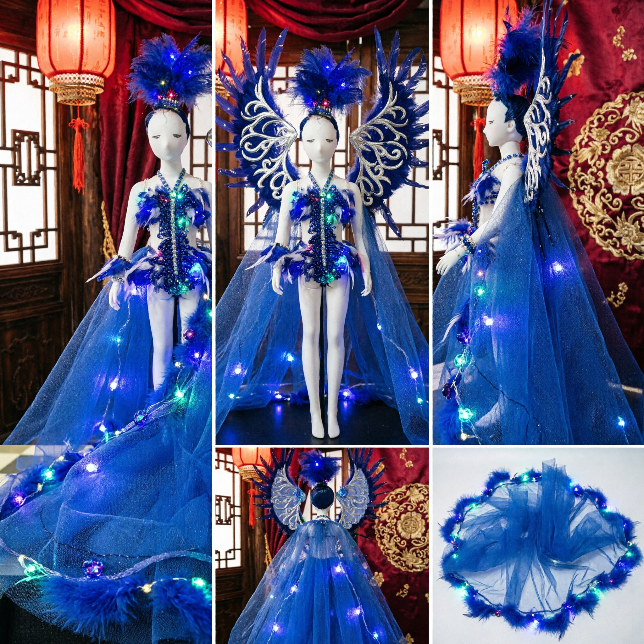 Royal Blue Fantasy Queen Showgirl Costume with Feather Wings and LED Lights for Carnival Parade Performance - Asian Costume