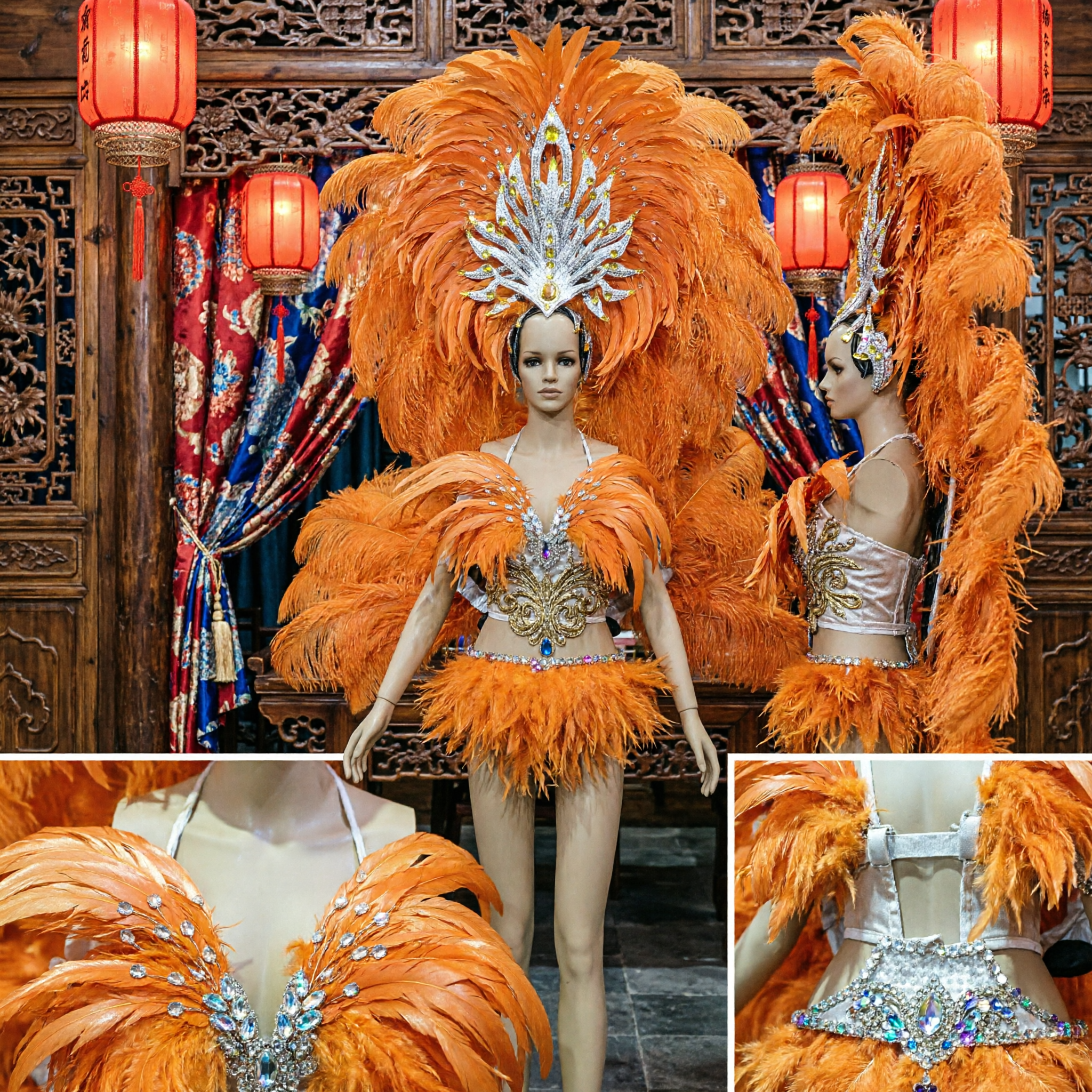 Women's Orange Feather Carnival Costume Set with Jeweled Headdress for Samba Dance Showgirl Performance - Asian Costume