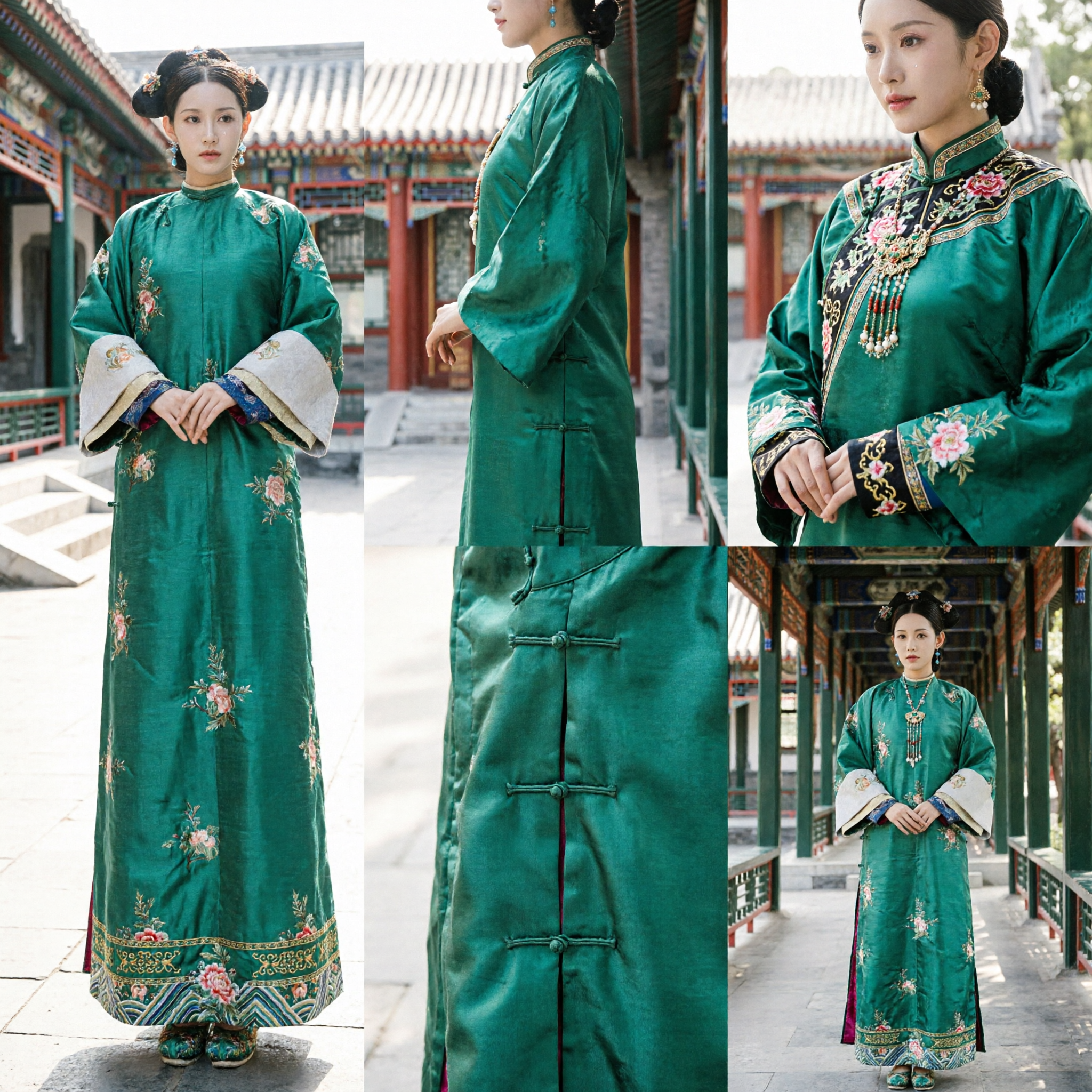 Women's Traditional Chinese Qing Dynasty Manchu Green Embroidered Robe Ancient Palace Costume for Cosplay - Asian Costume