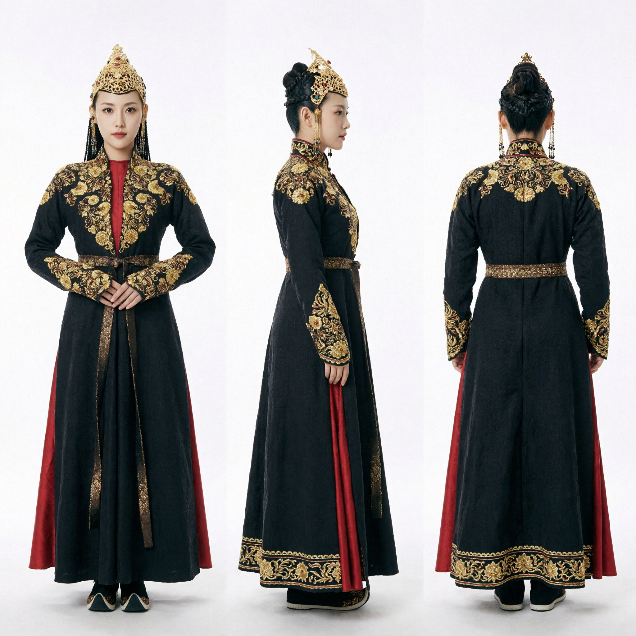 Traditional Chinese Mongolian Ethnic Costume Ancient Royal Black Robe with Gold Embroidery and Hat for Women - Asian Costume