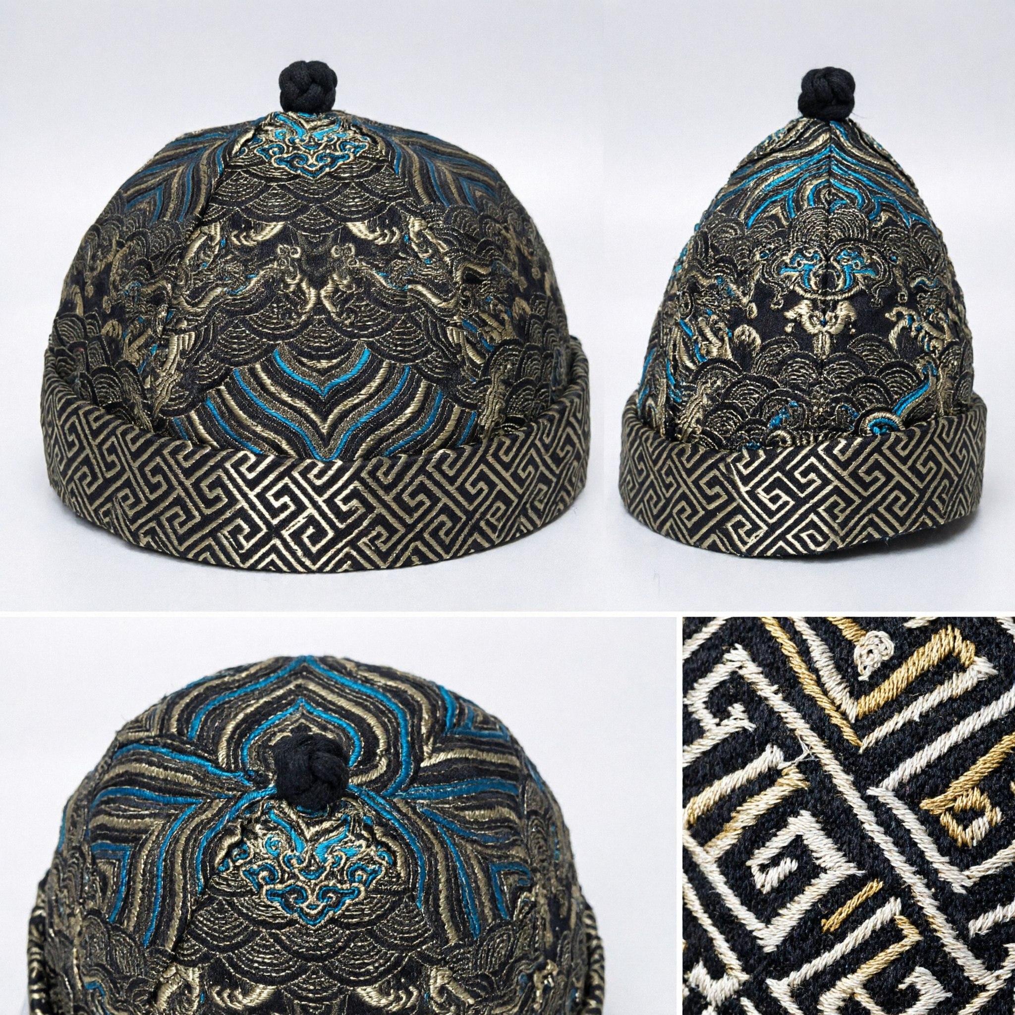 Traditional Chinese Qing Dynasty Brocade Skullcap Black Gold Embroidery Hat for Men Hanfu Costume - Asian Costume