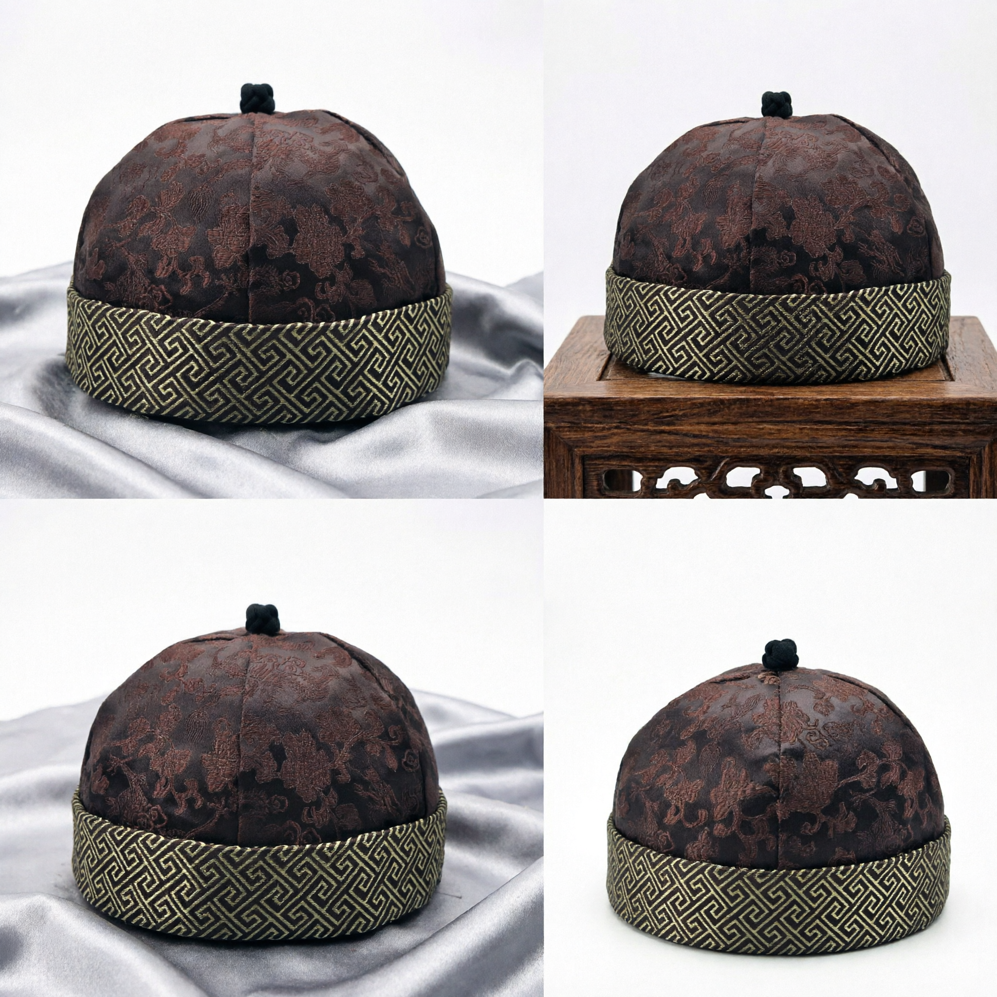 Traditional Chinese Men's Brocade Skull Cap Vintage Tang Suit Hat Hanfu Costume Accessory for Drama - Asian Costume