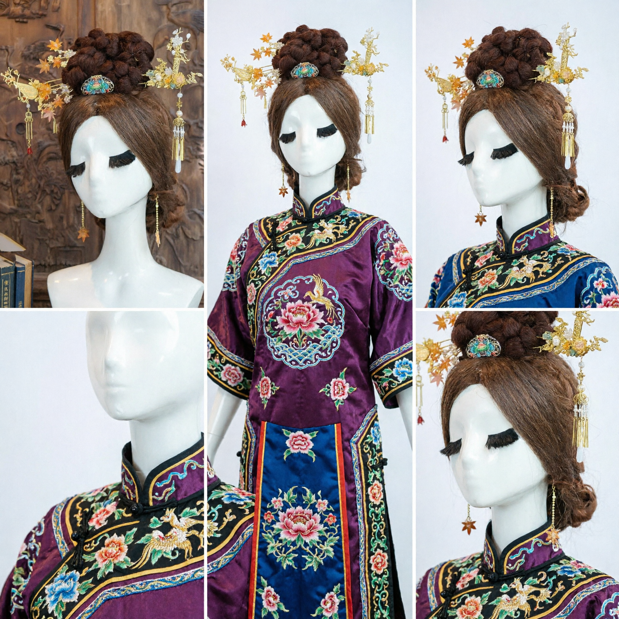 Ancient Chinese Hanfu Hair Accessories Set with Braided Wig Bun and Gold Floral Hairpins for Traditional Brides - Asian Costume