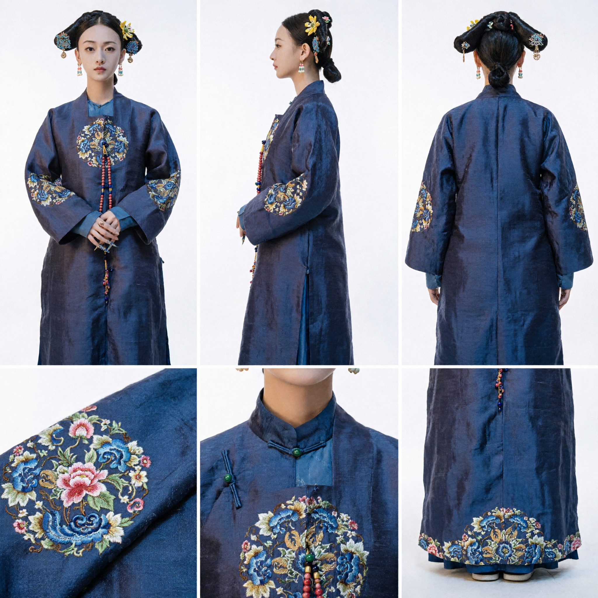 Ancient Chinese Qing Dynasty Palace Lady Blue Embroidered Robe Traditional Costume for Women Cosplay - Asian Costume