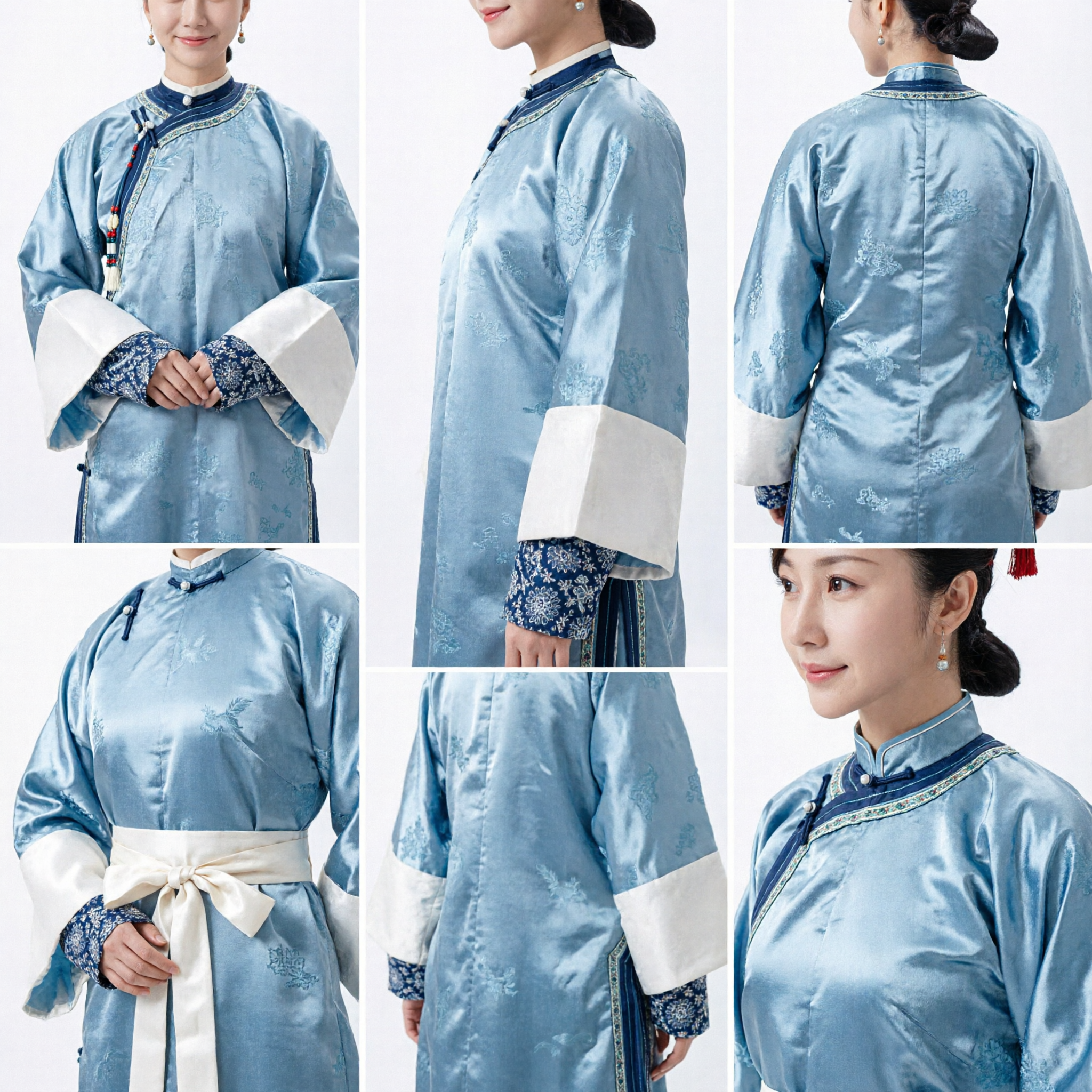 Traditional Chinese Qing Dynasty Manchu Palace Lady Costume Light Blue Embroidered Robe for Women - Asian Costume