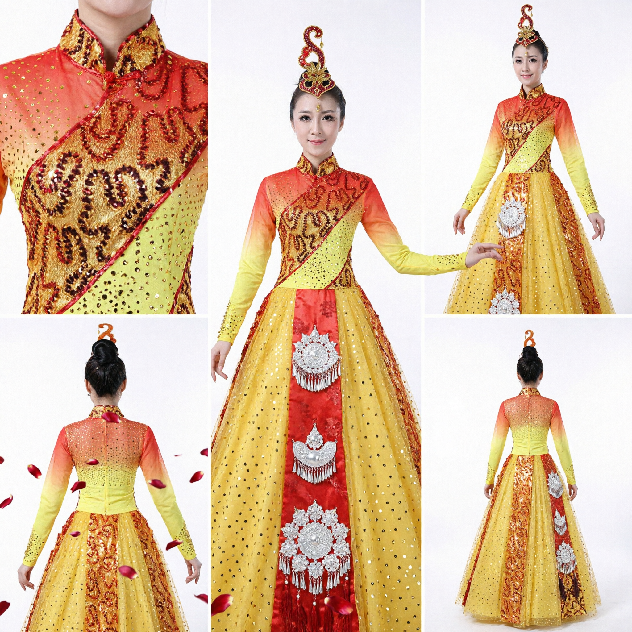 Women's Chinese Traditional Folk Dance Costume Yellow Sequined Gown for Stage Performance and Yangge Dance - Asian Costume