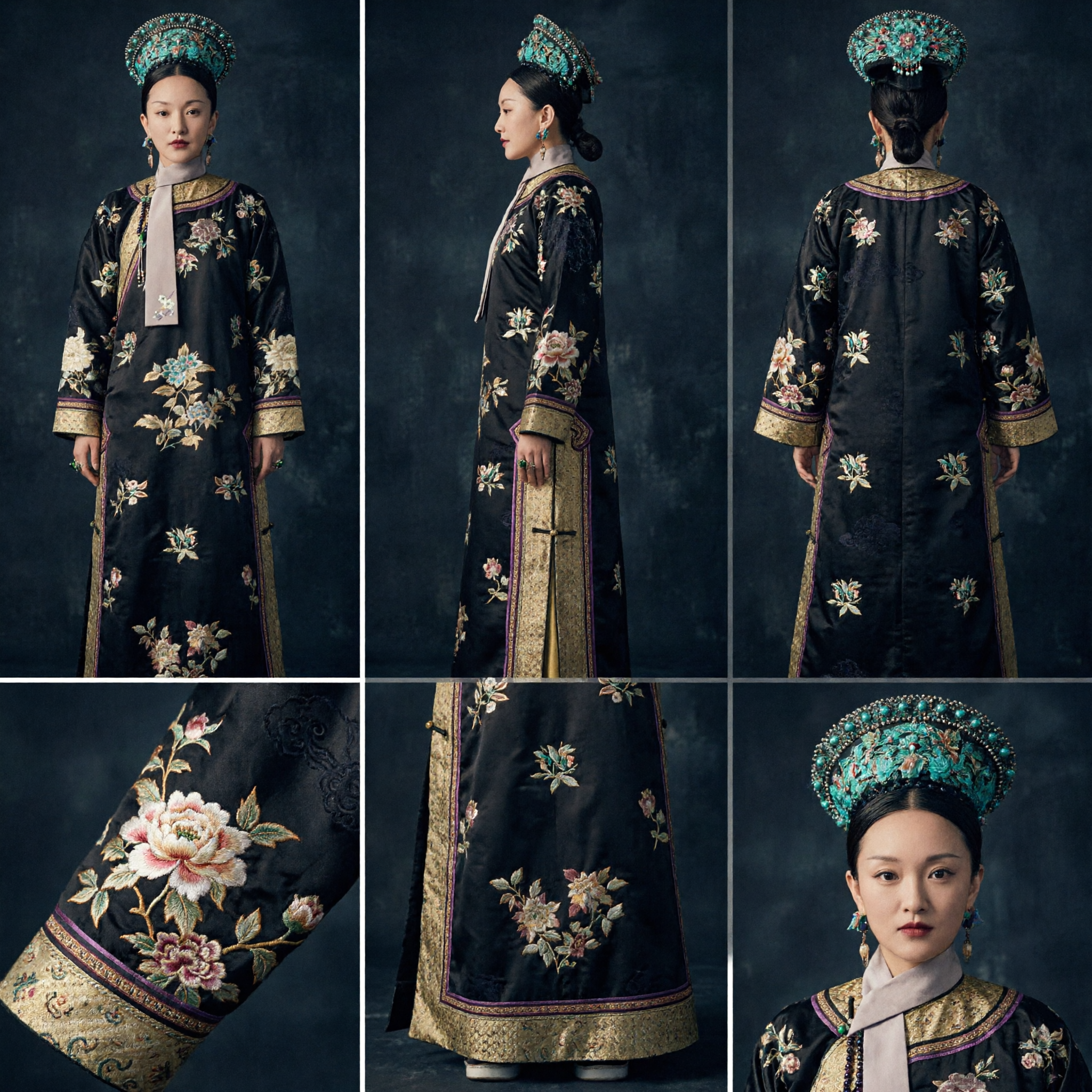 Chinese Traditional Qing Dynasty Empress Costume Black Floral Embroidered Robe and Headdress for Women - Asian Costume