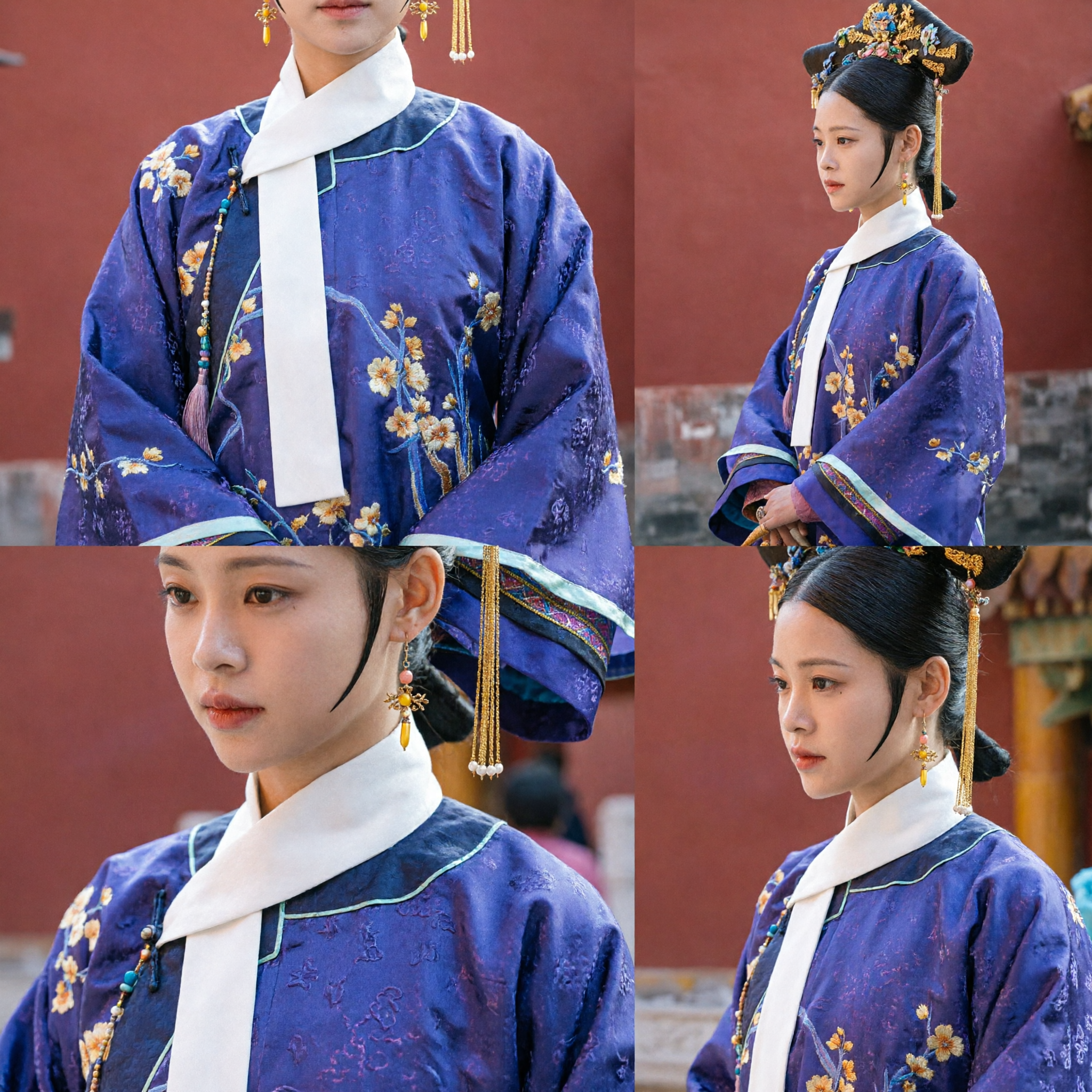 Qing Dynasty Imperial Concubine Purple Floral Embroidered Robe and Headdress Set for Women Historical Cosplay - Asian Costume