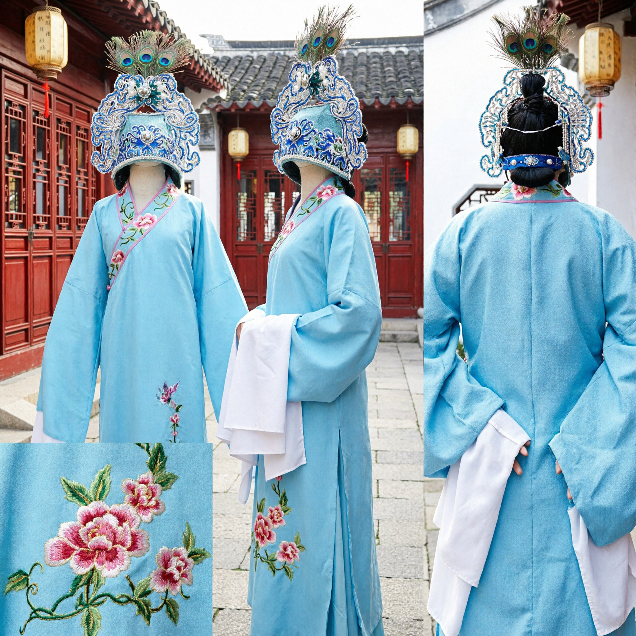 Traditional Chinese Peking Opera Blue Scholar Costume Embroidered Robe and Headdress Set for Men Stage Performance - Asian Costume