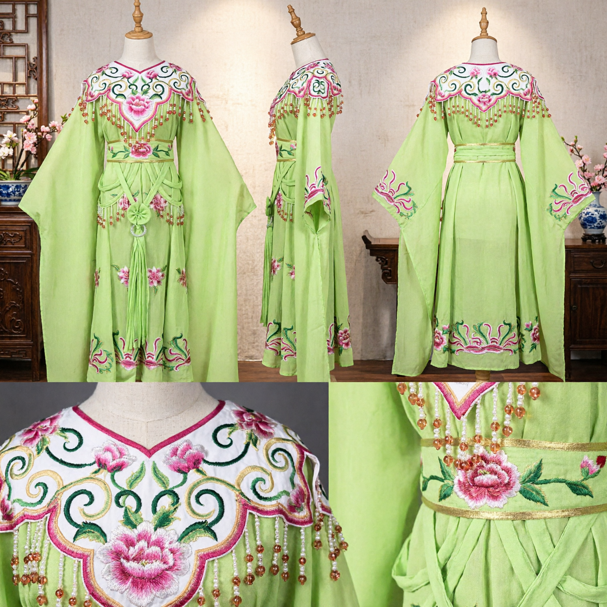 Traditional Chinese Peking Opera Costume Green Embroidered Dress with Water Sleeves for Female Stage Performance - Asian Costume