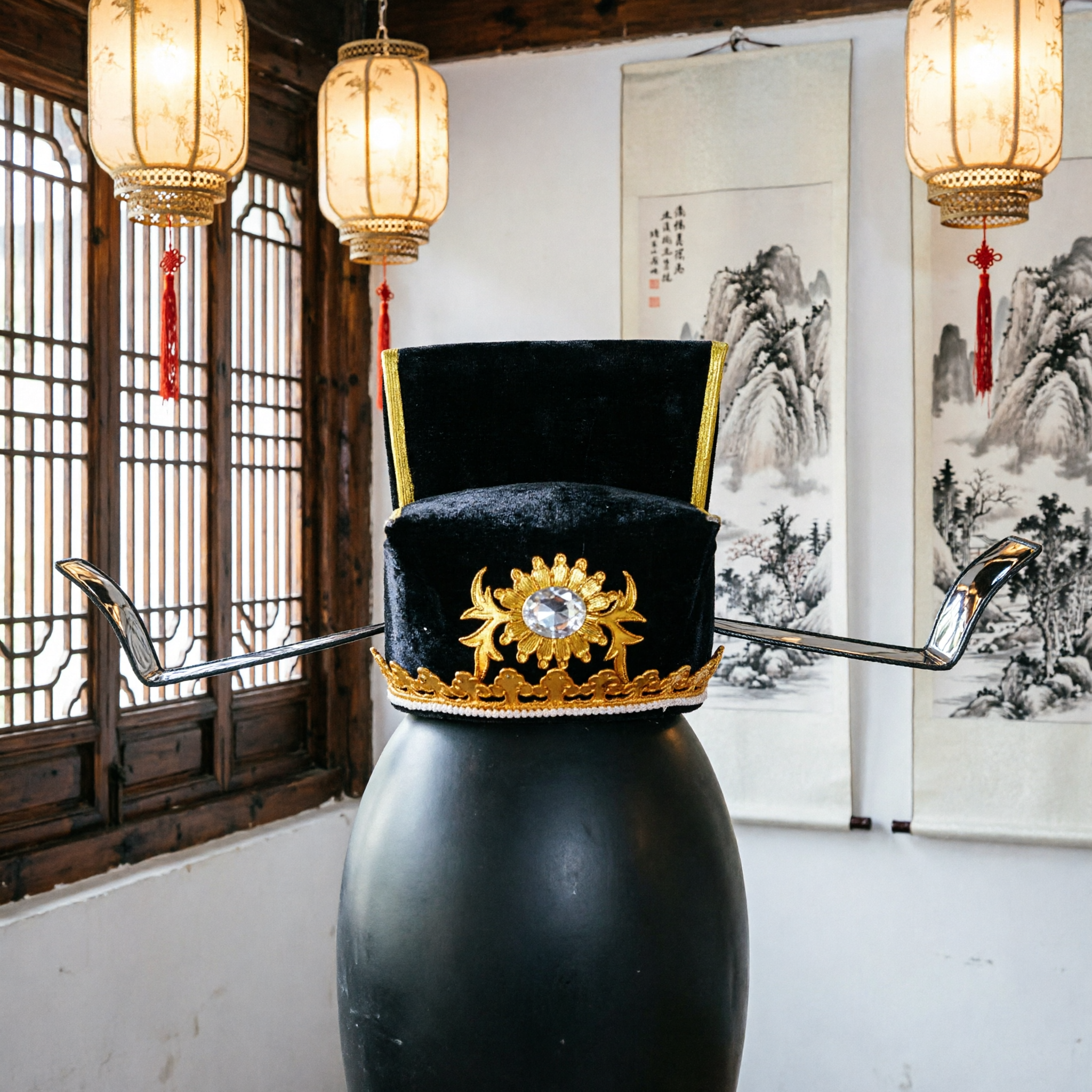 Traditional Chinese Ancient Ming Dynasty Official Black Gauze Hat with Gold Wings for Hanfu Cosplay - Asian Costume