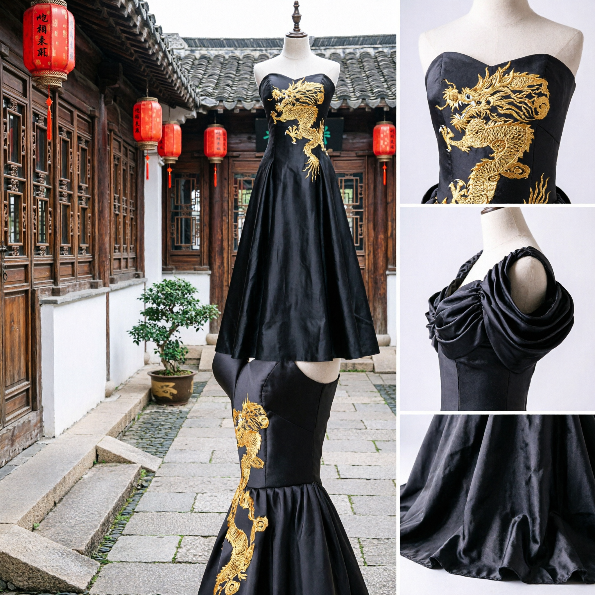 Elegant Black Strapless Mermaid Evening Gown with Gold Dragon Embroidery Chinese Style Formal Dress for Stage Performance - Asian Costume