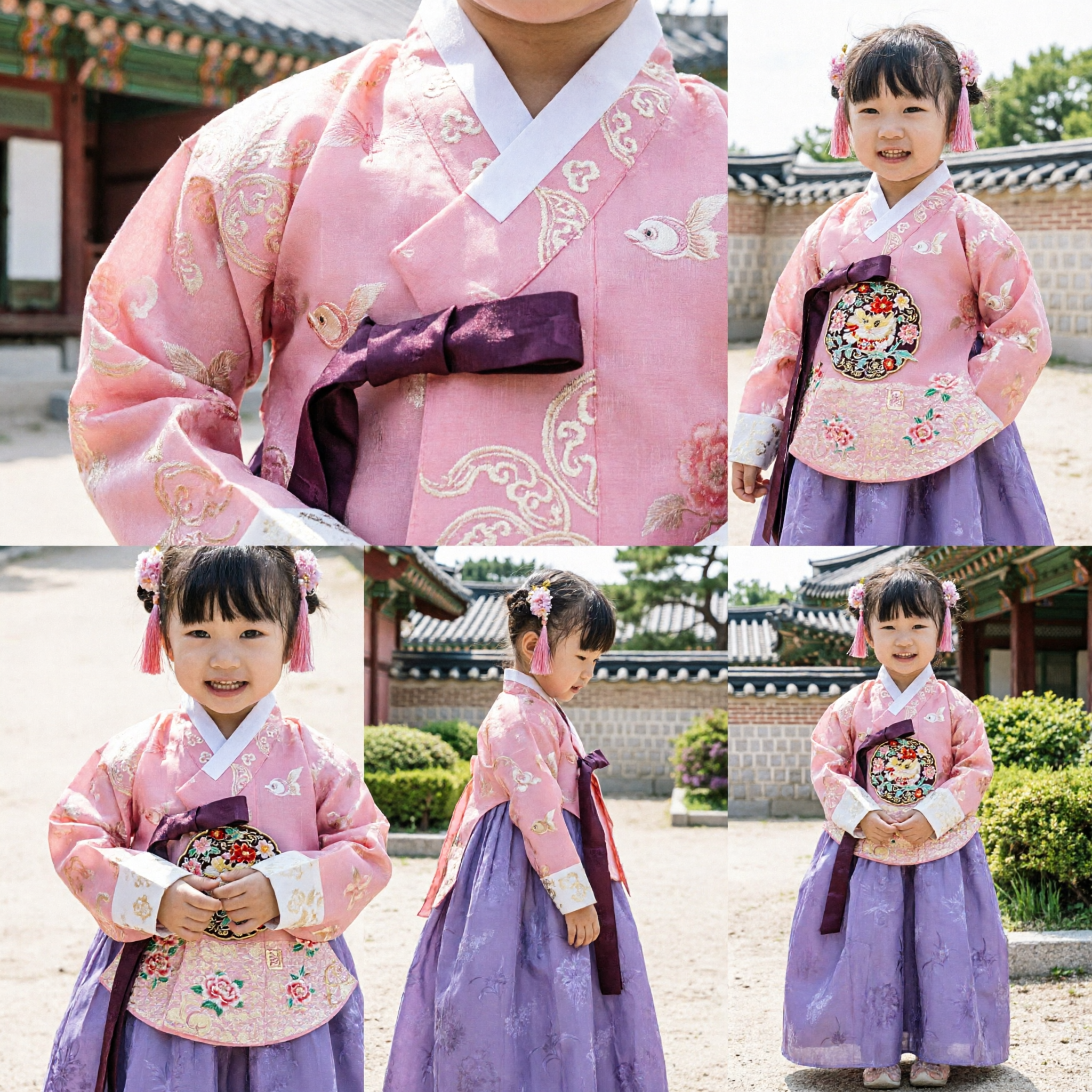 Kids Traditional Korean Hanbok Pink Jeogori Purple Chima Dress Set for Girls Festivals Weddings Dol - Asian Costume