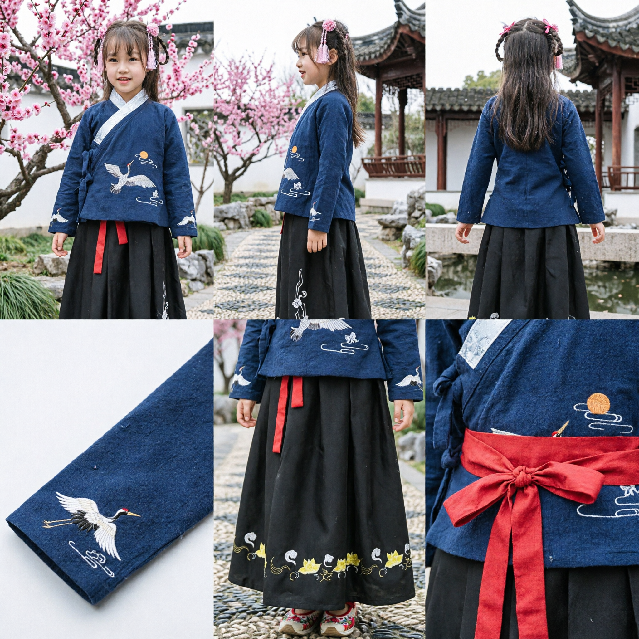 Traditional Chinese Hanfu for Kids Girl Ancient Costume Blue Embroidered Crane Top and Black Skirt Set - Asian Costume