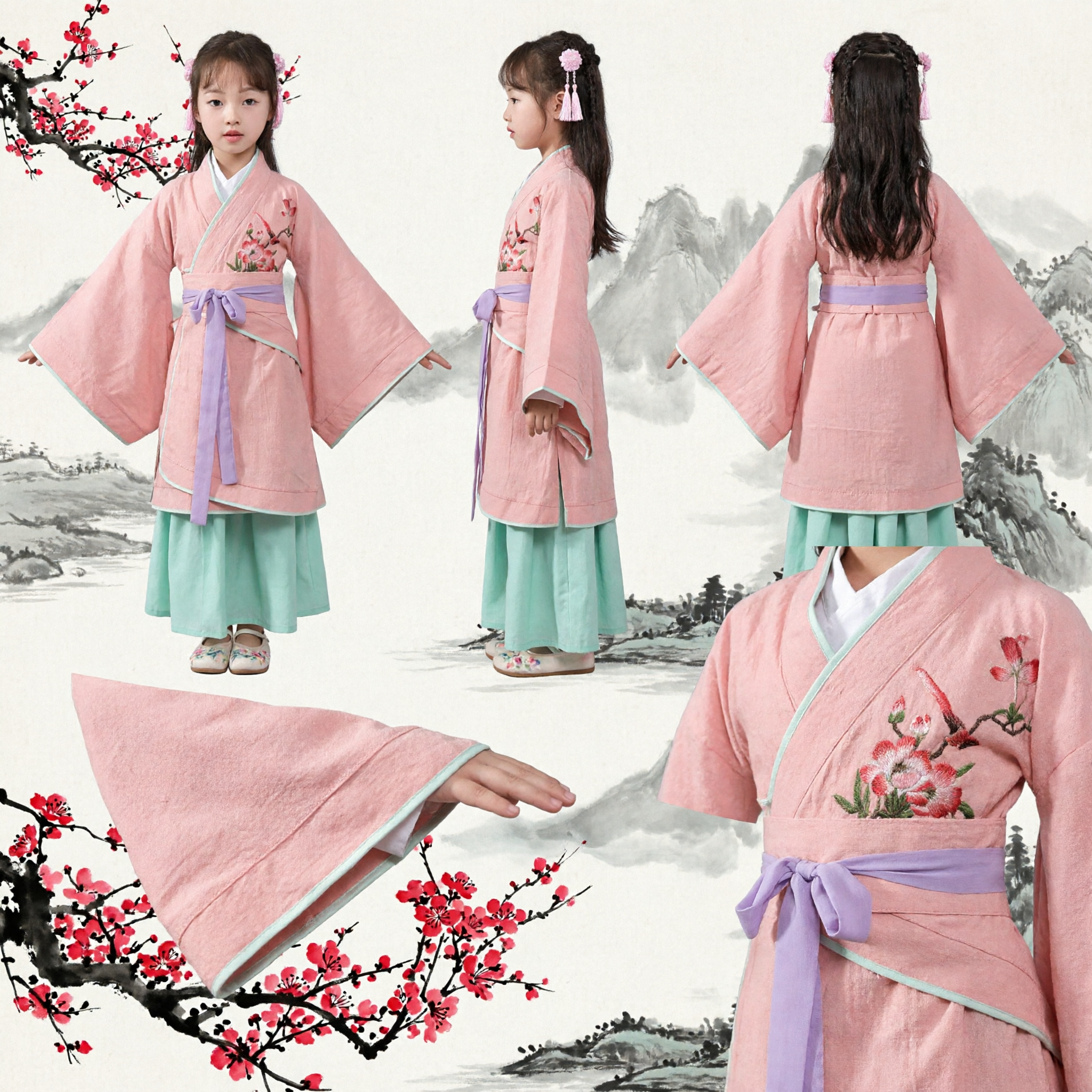 Kids Traditional Chinese Hanfu Pink Floral Embroidery Ancient Costume Girls Princess Dress for Stage Performance - Asian Costume