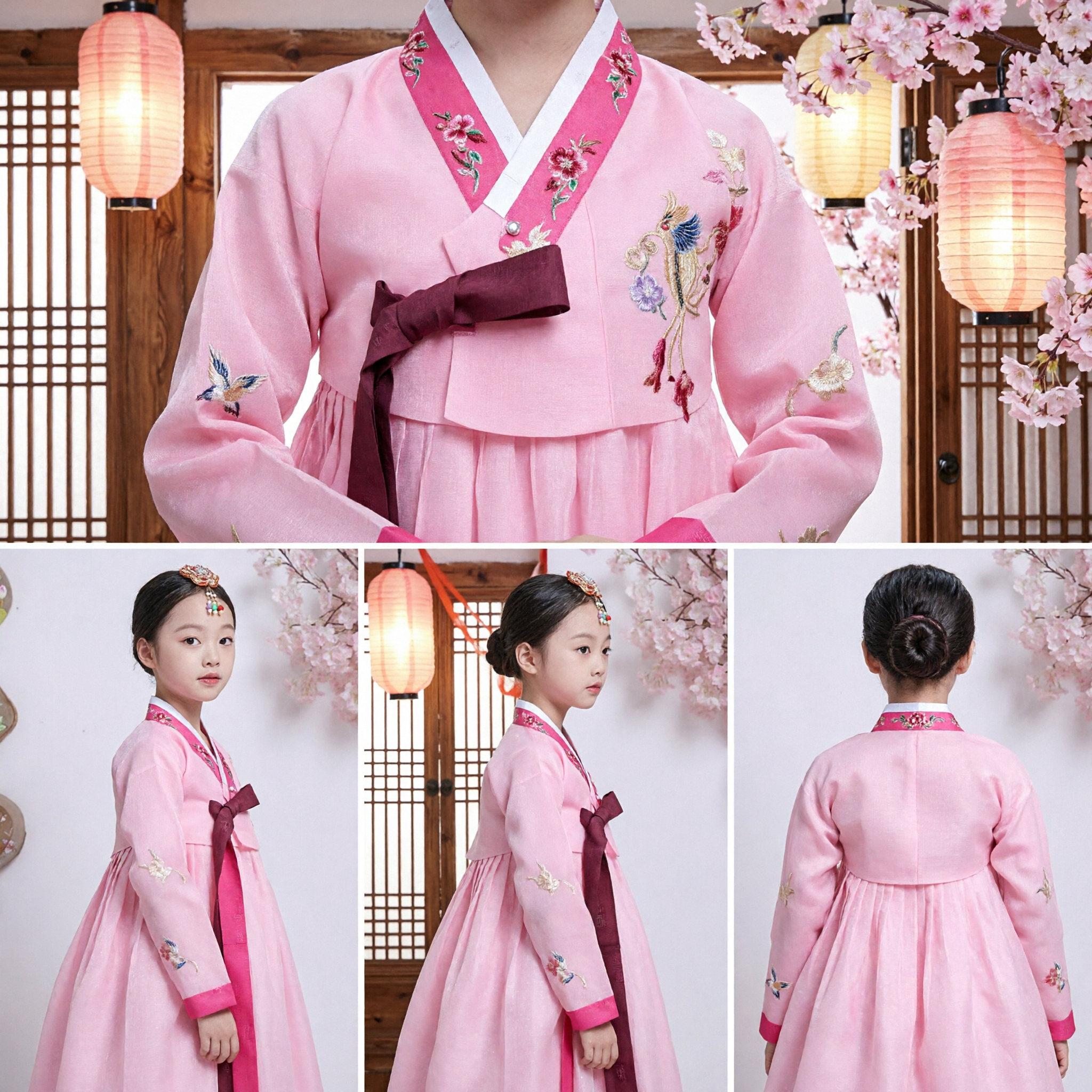 Pink Korean Traditional Hanbok Dress for Girls Embroidered Floral Jeogori and Chima Set for Kids Holidays - Asian Costume