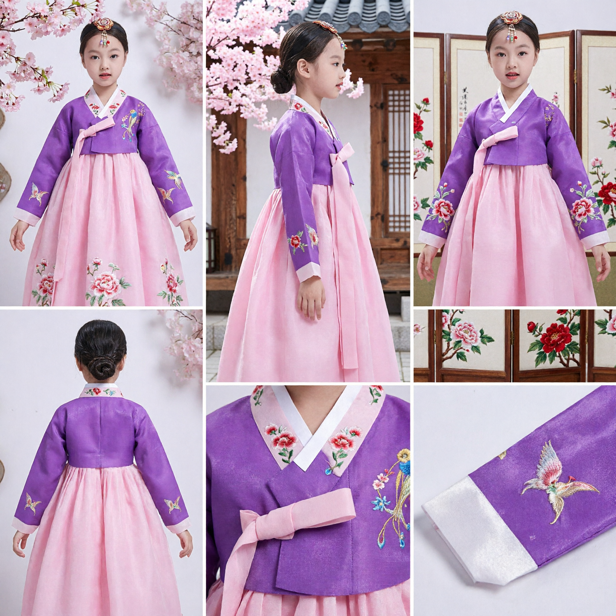 Traditional Korean Hanbok Dress for Girls Purple Embroidered Top Pink Skirt Kids Party Costume - Asian Costume