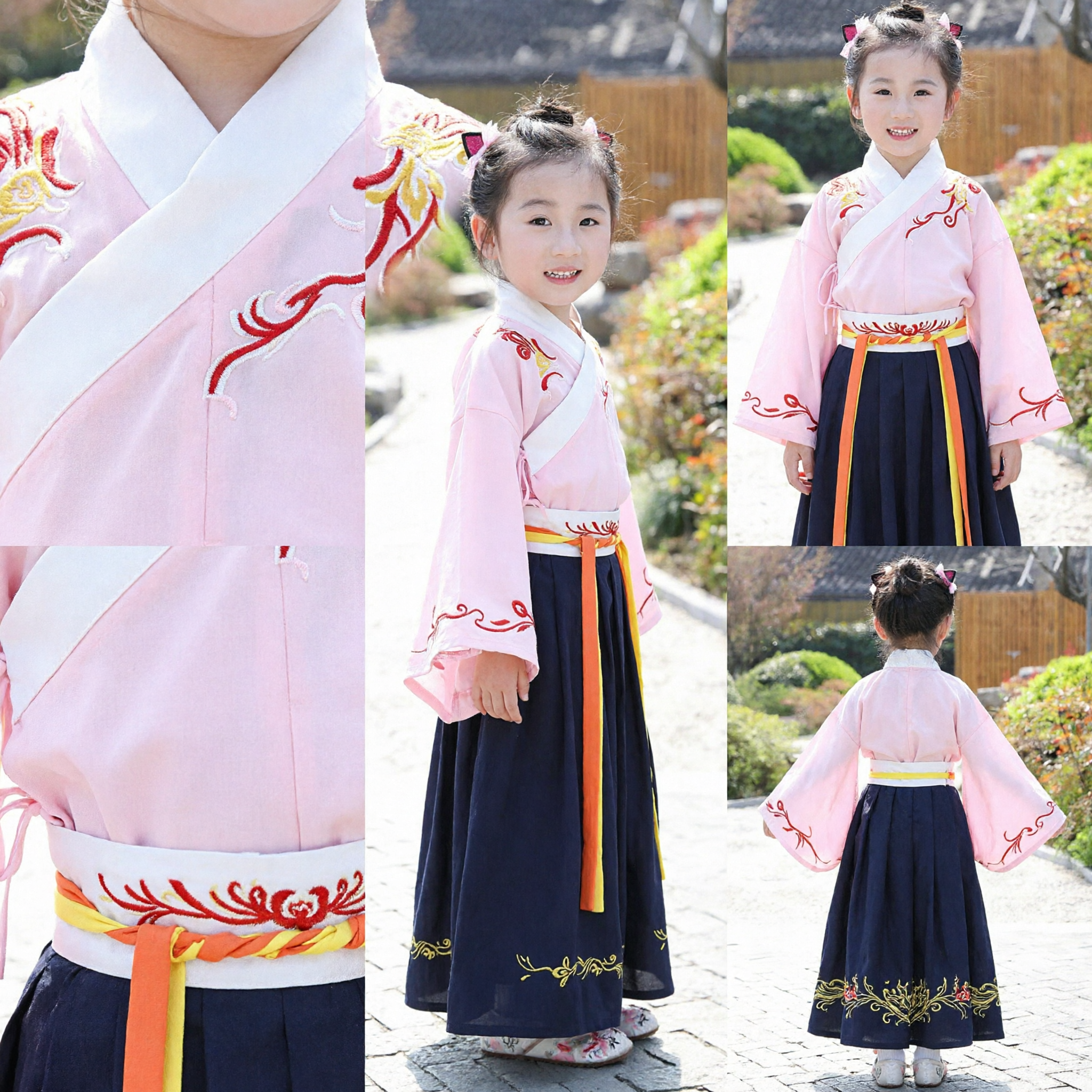 Girls Traditional Chinese Hanfu Costume Pink Embroidered Top and Blue Skirt Ancient Clothing for Kids Festivals - Asian Costume
