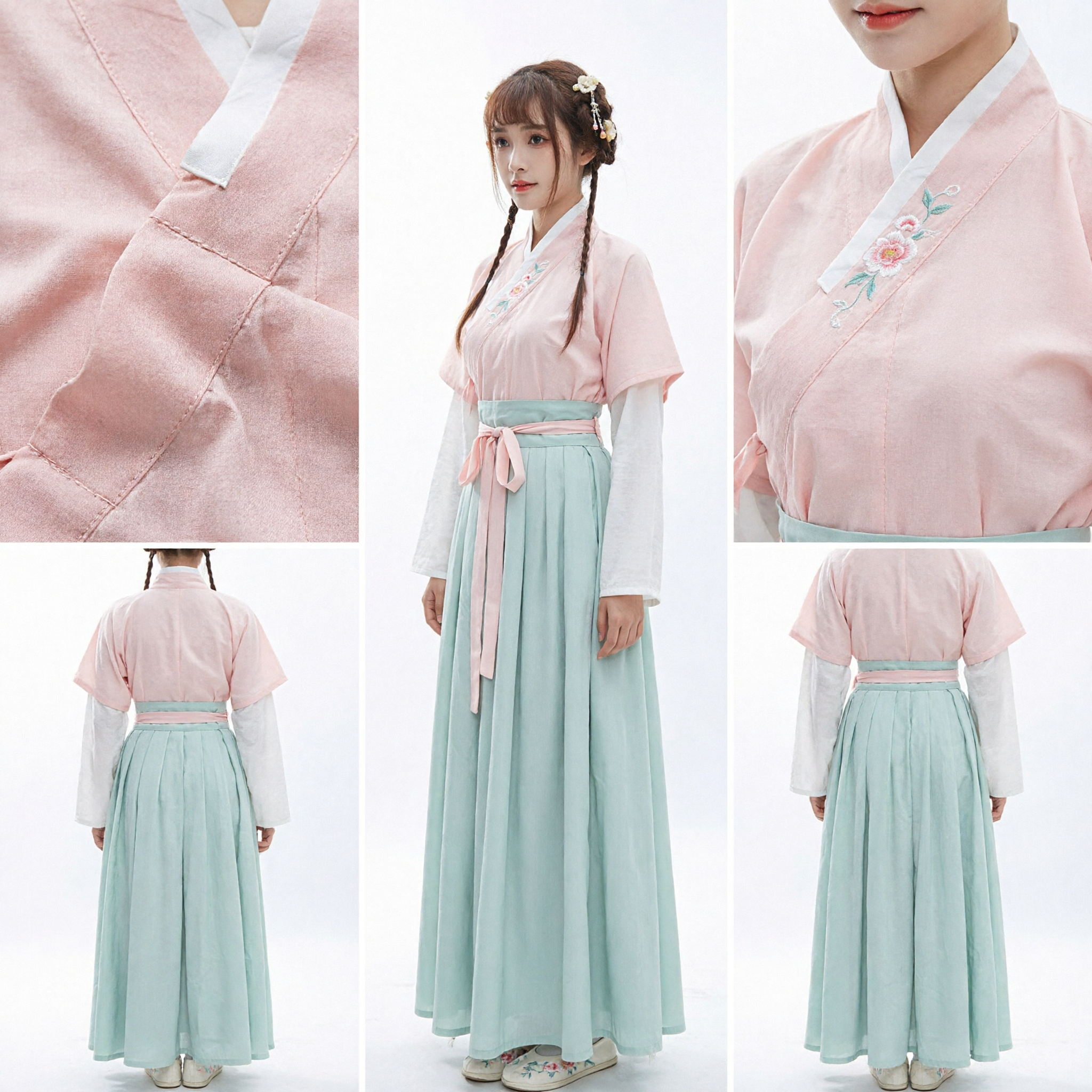 Traditional Chinese Hanfu Costume Ancient Style Pink Top and Light Blue Skirt Set for Women Cosplay - Asian Costume