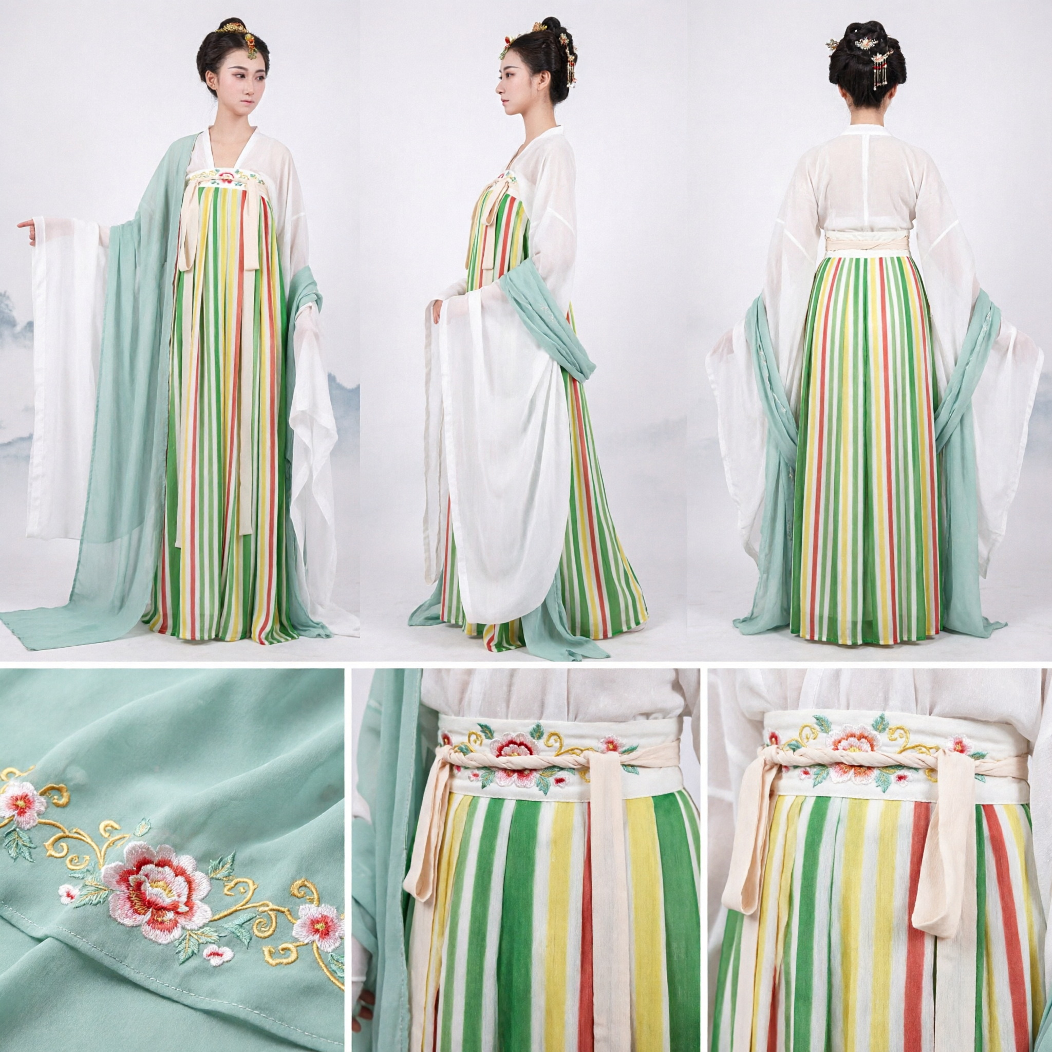Women's Tang Dynasty Hanfu Set Green Wide Sleeve Robe with Colorful Striped Skirt Traditional Costume - Asian Costume