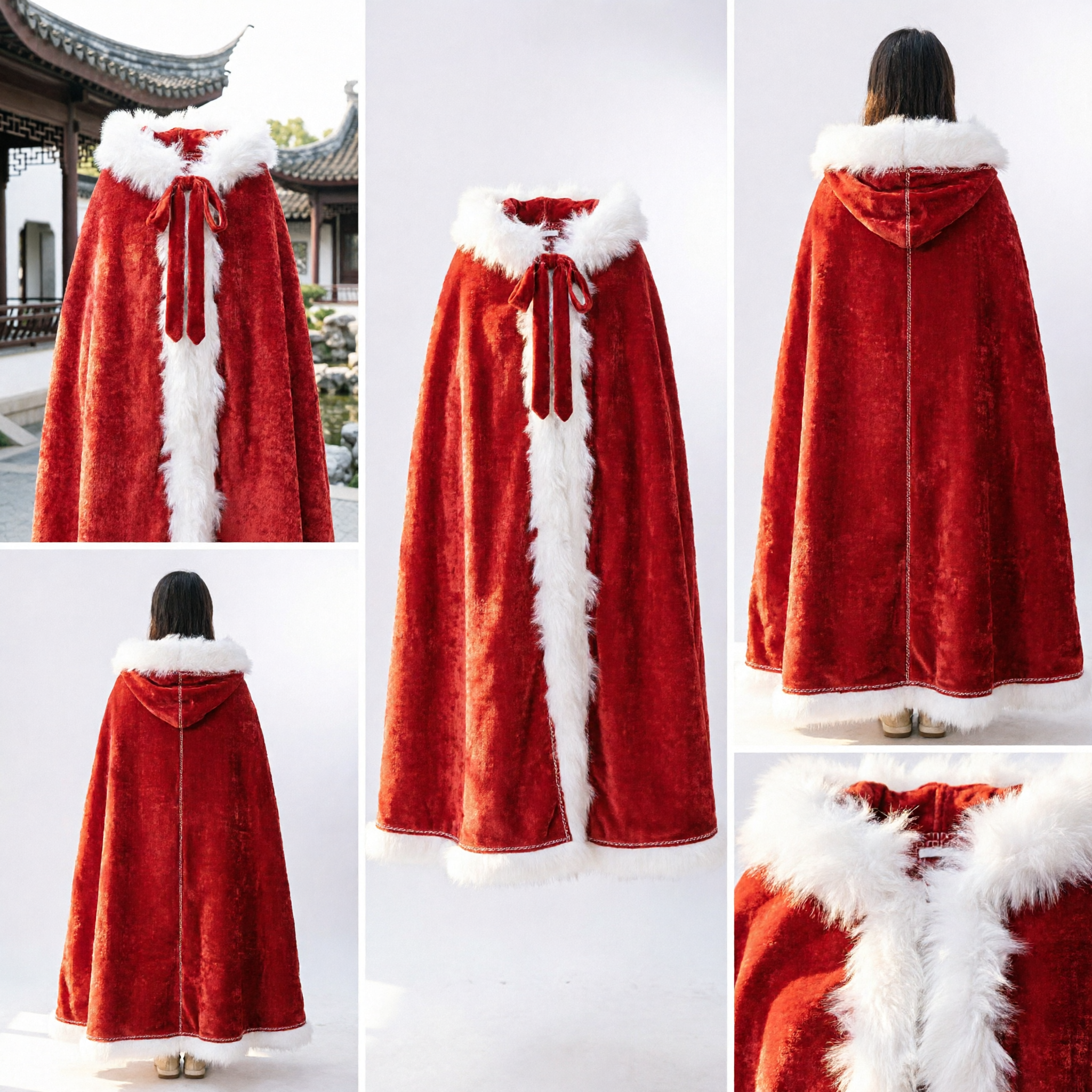 Traditional Chinese Red Winter Cloak with White Fur Trim Ancient Hanfu Cape for Women Wedding - Asian Costume