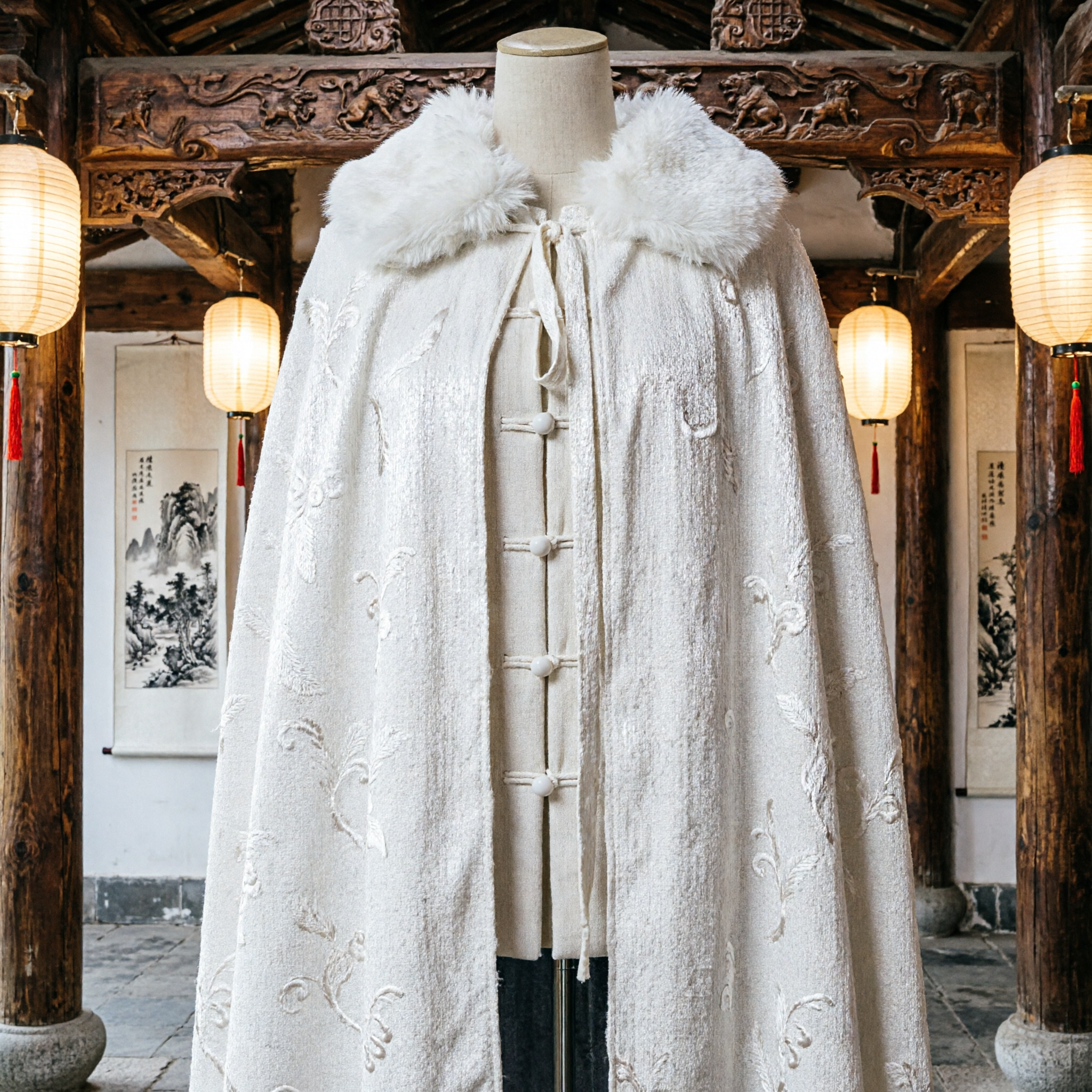 Elegant White Fur Collar Cape Traditional Chinese Hanfu Winter Cloak Costume for Women Historical Cosplay - Asian Costume