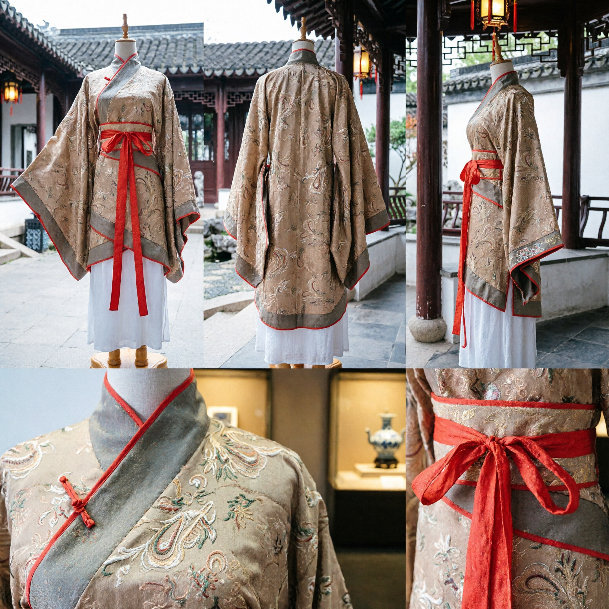Traditional Chinese Hanfu Men's Ancient Costume Beige Patterned Robe with Red Sash for Cosplay and Stage Performance - Asian Costume