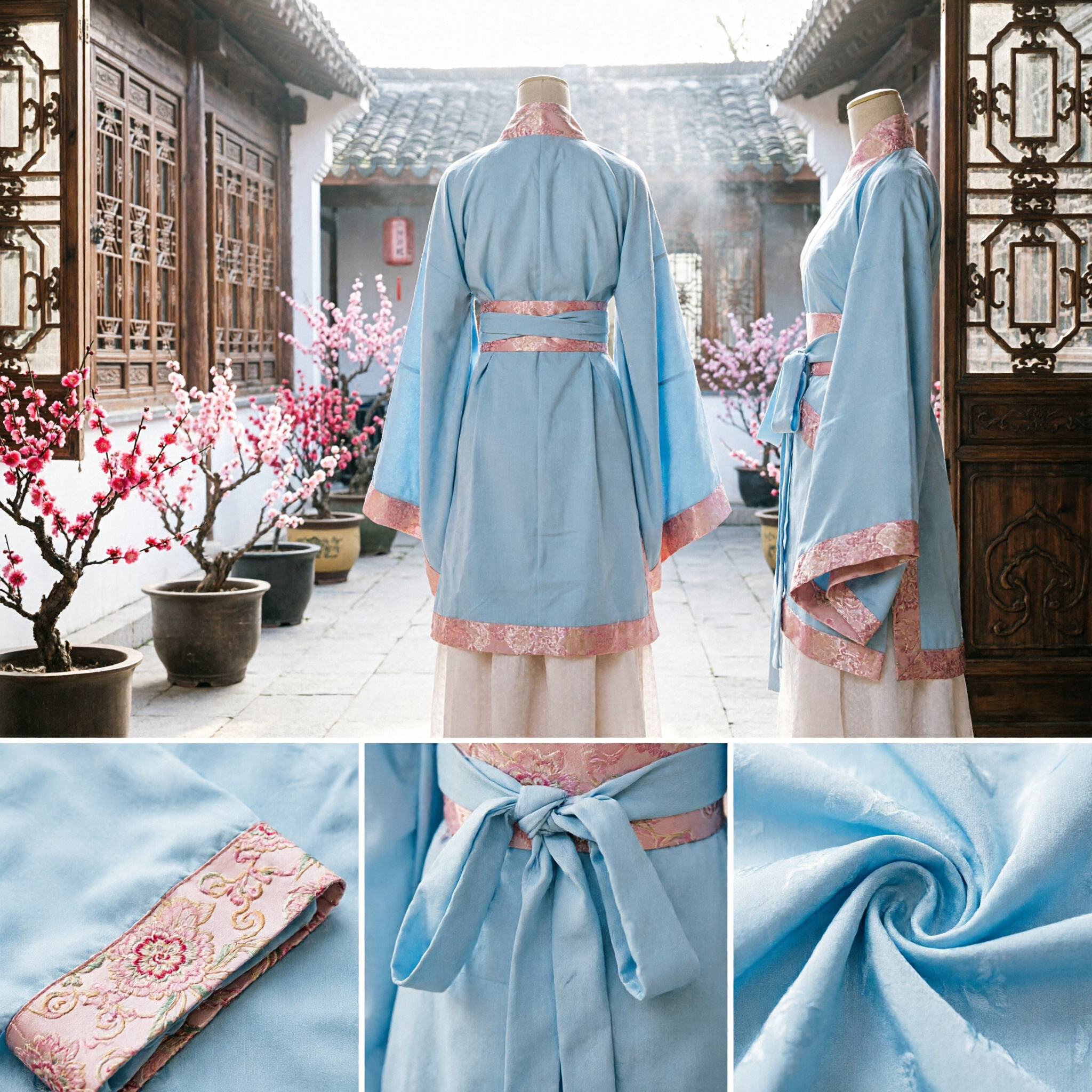 Traditional Chinese Hanfu Costume for Men Light Blue Ancient Scholar Robe with Pink Floral Trim - Asian Costume