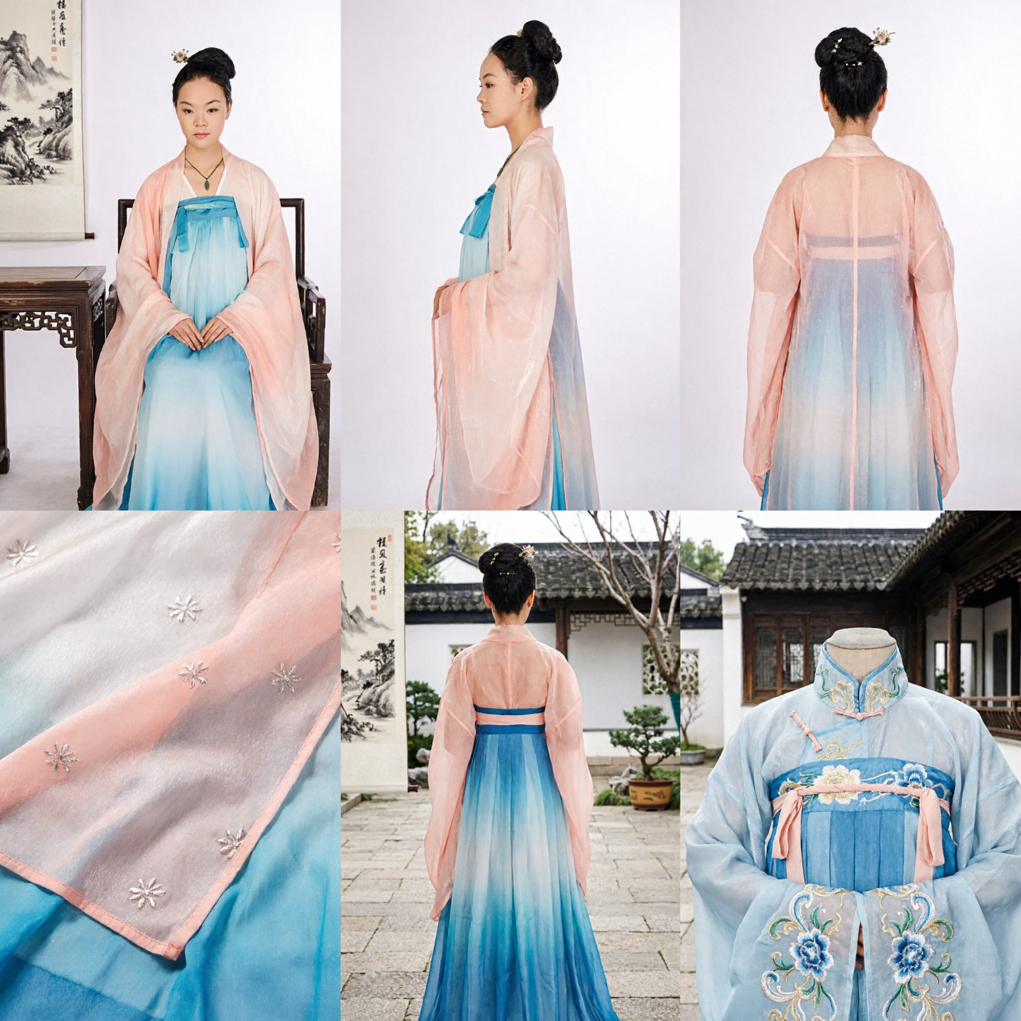 Traditional Chinese Hanfu Costume for Women Ancient Palace Lady Blue Gradient Dress with Pink Sheer Robe - Asian Costume