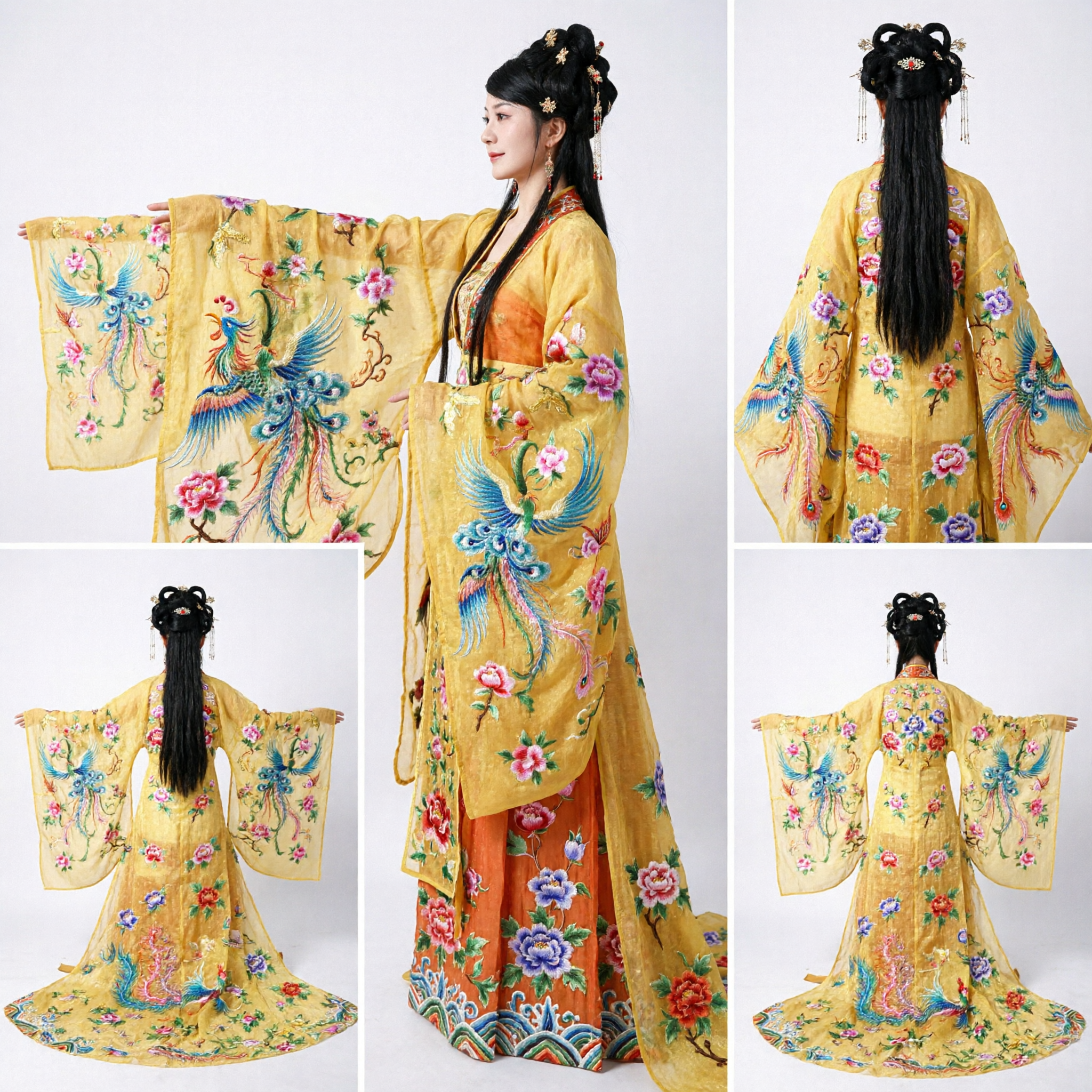 Traditional Chinese Tang Dynasty Princess Hanfu Yellow Embroidered Phoenix Robe for Women Stage Performance - Asian Costume