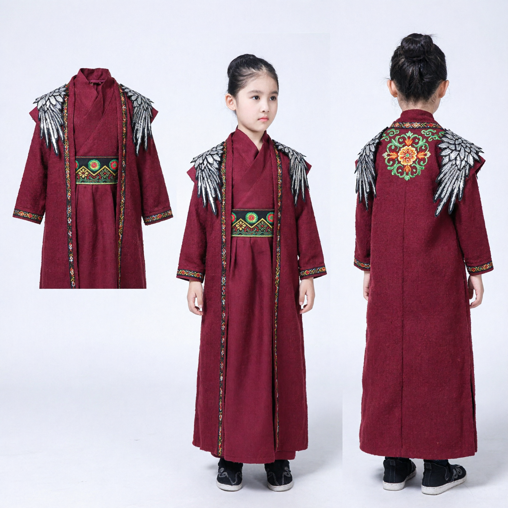 Traditional Chinese Ancient Warrior Hanfu Costume for Kids Girls Maroon Robe with Shoulder Armor for Cosplay Performance - Asian Costume