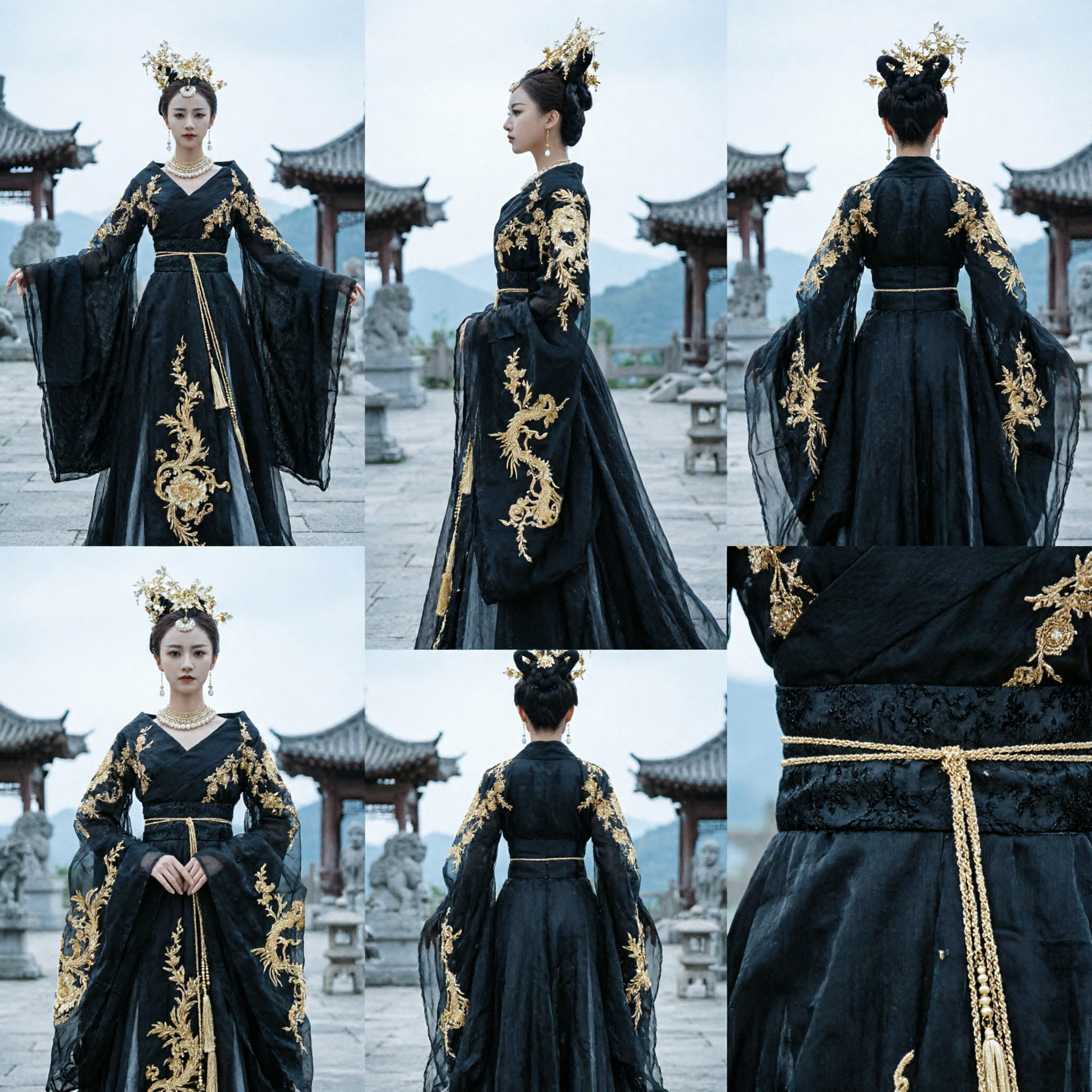 Elegant Black Ancient Chinese Hanfu Costume with Gold Embroidery for Women Empress Cosplay Dress - Asian Costume