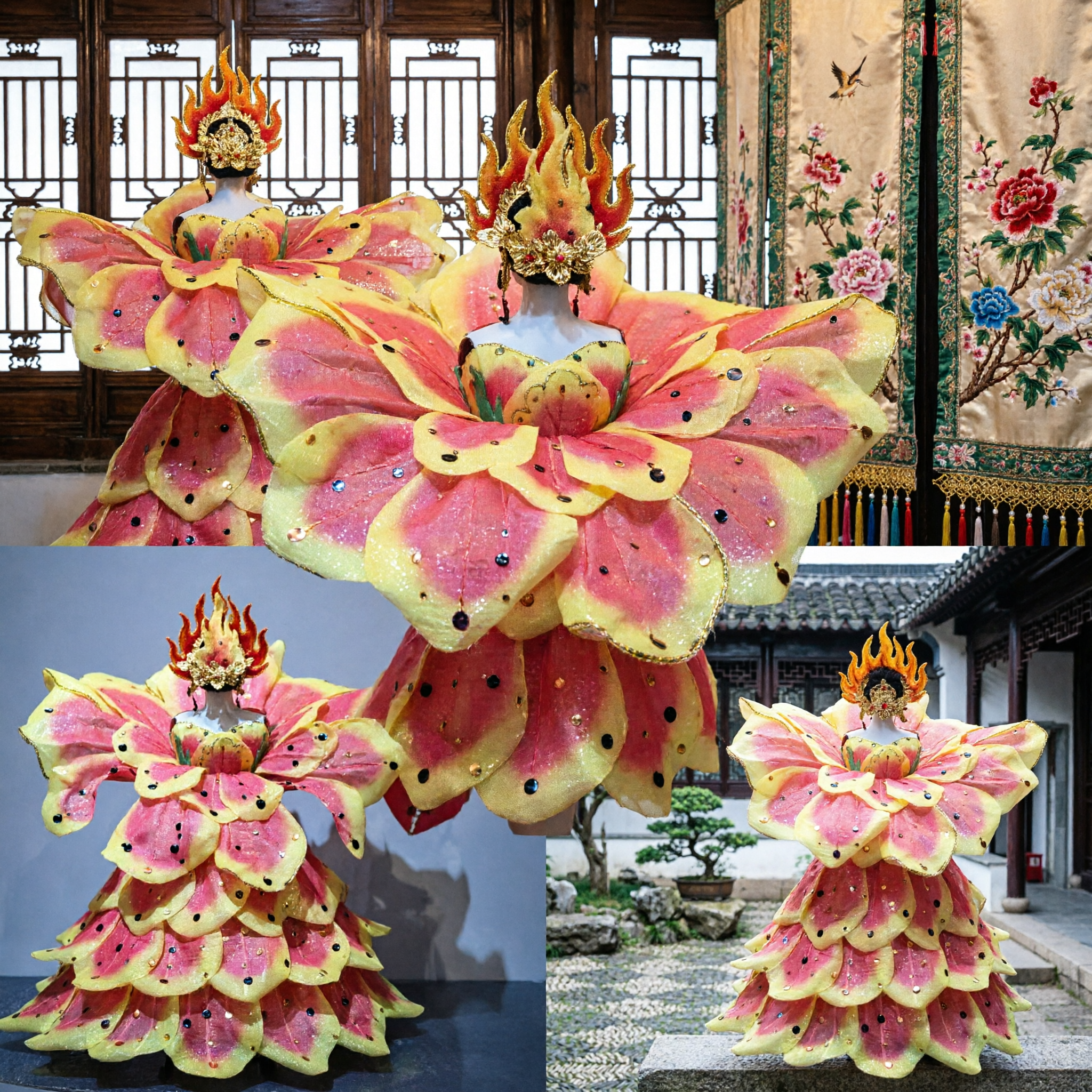 Exquisite Chinese Traditional Folk Dance Lotus Flower Costume Yellow and Pink Petal Dress for Stage Performance - Asian Costume